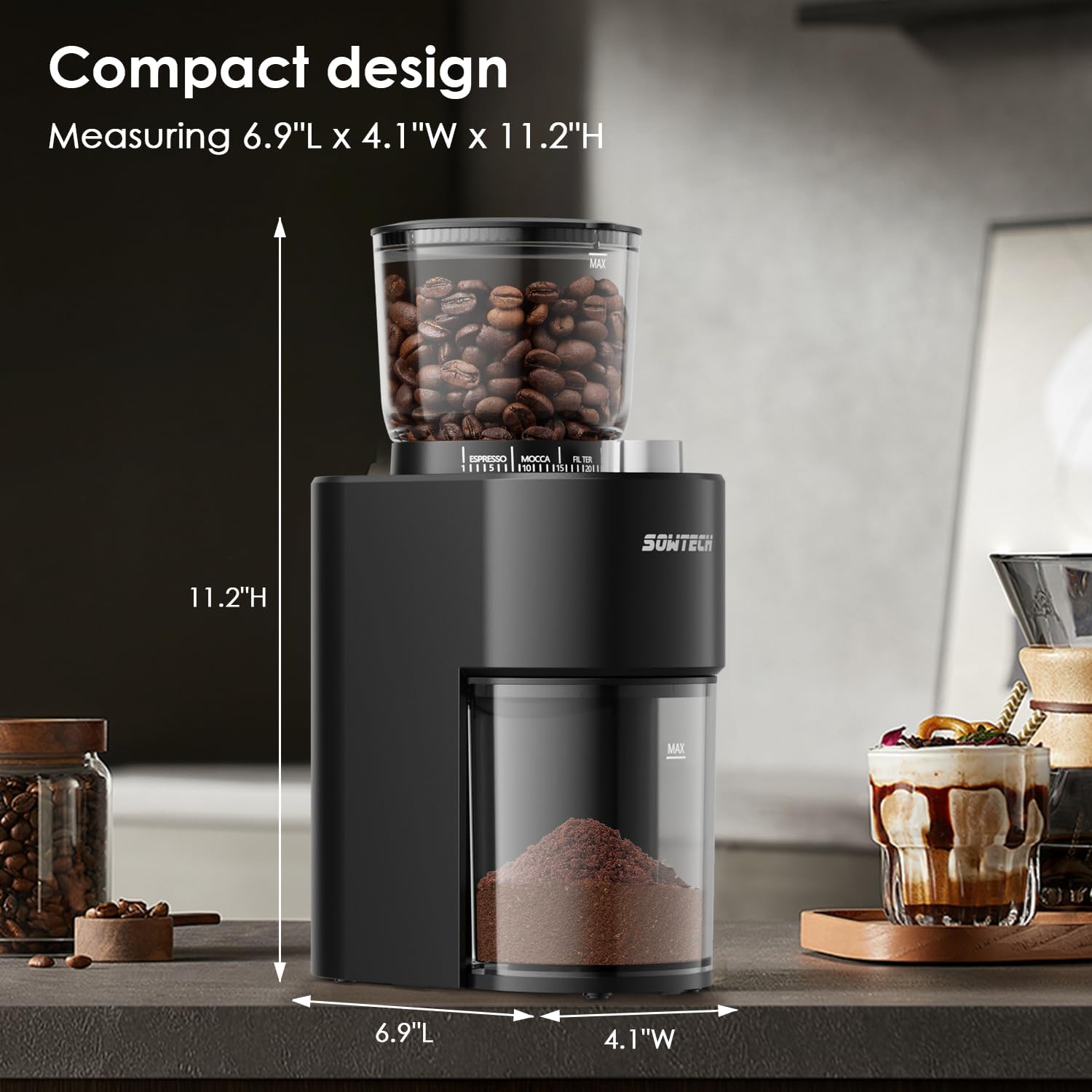 SOWTECH Conical Burr Coffee Grinder, Electric Mill with 38 Precise Grind Settings, Precision Timer, for Espresso, Drip and French Press, 800W, Black