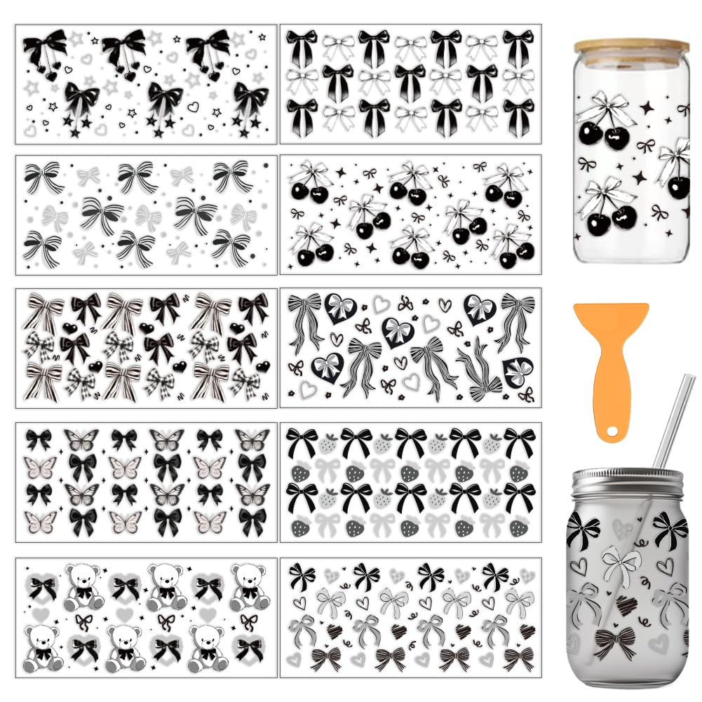 arricraft 10 Sheets Black Bow UV DTF Cup Wrap, Bow Tie Cherry Butterfly Little Bear Heart Flower Patterns Rub on Decals PVC Transfer Glass Sticker for Women DIY 16OZ Cups Furniture Wood โ image 1