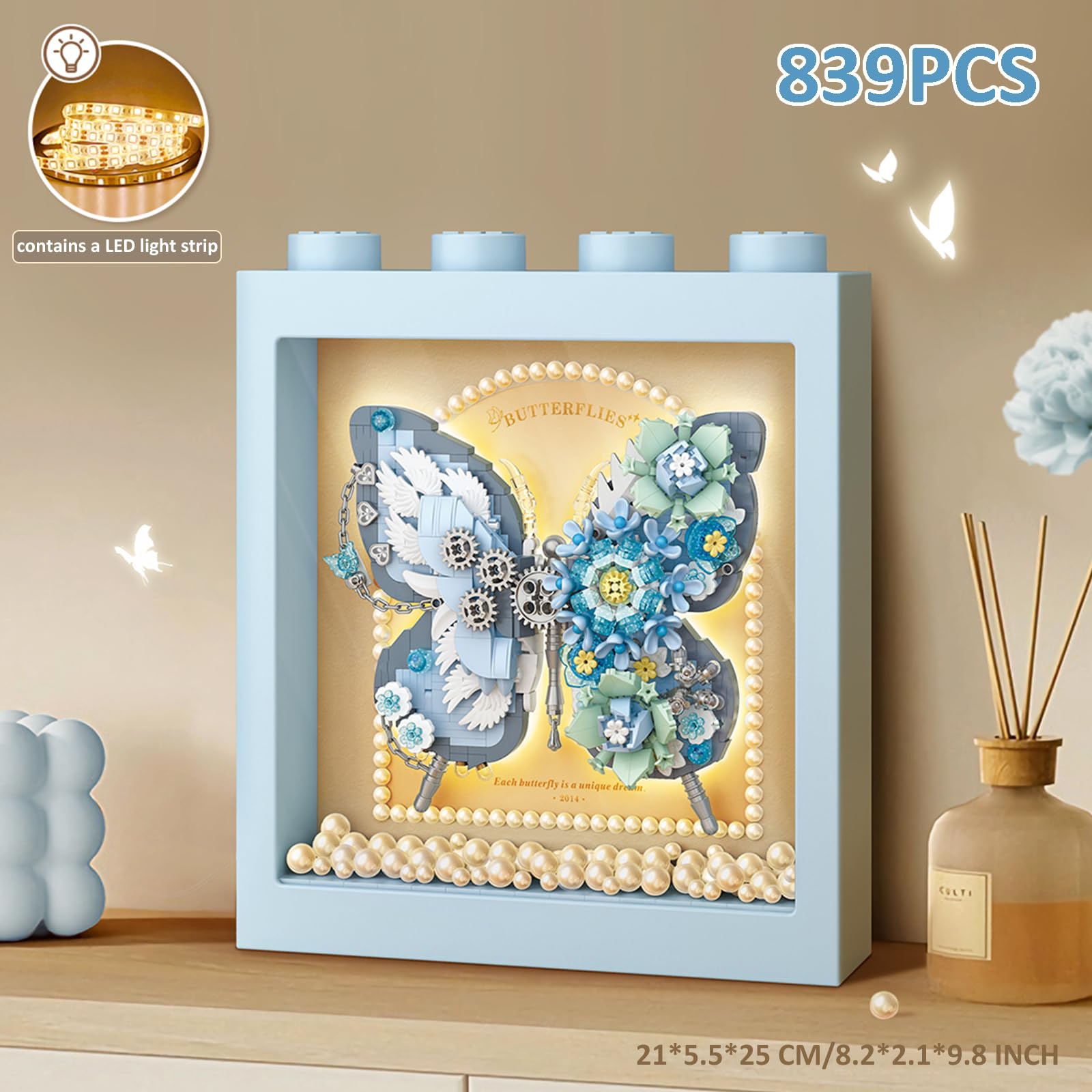 MEIEST Butterfly Picture Frame Building Blocks Set,Creative Flowers Building Set including Exquisite Frame,Fantasy Building Bricks Toys,Home Decor (Blue) - Image 3