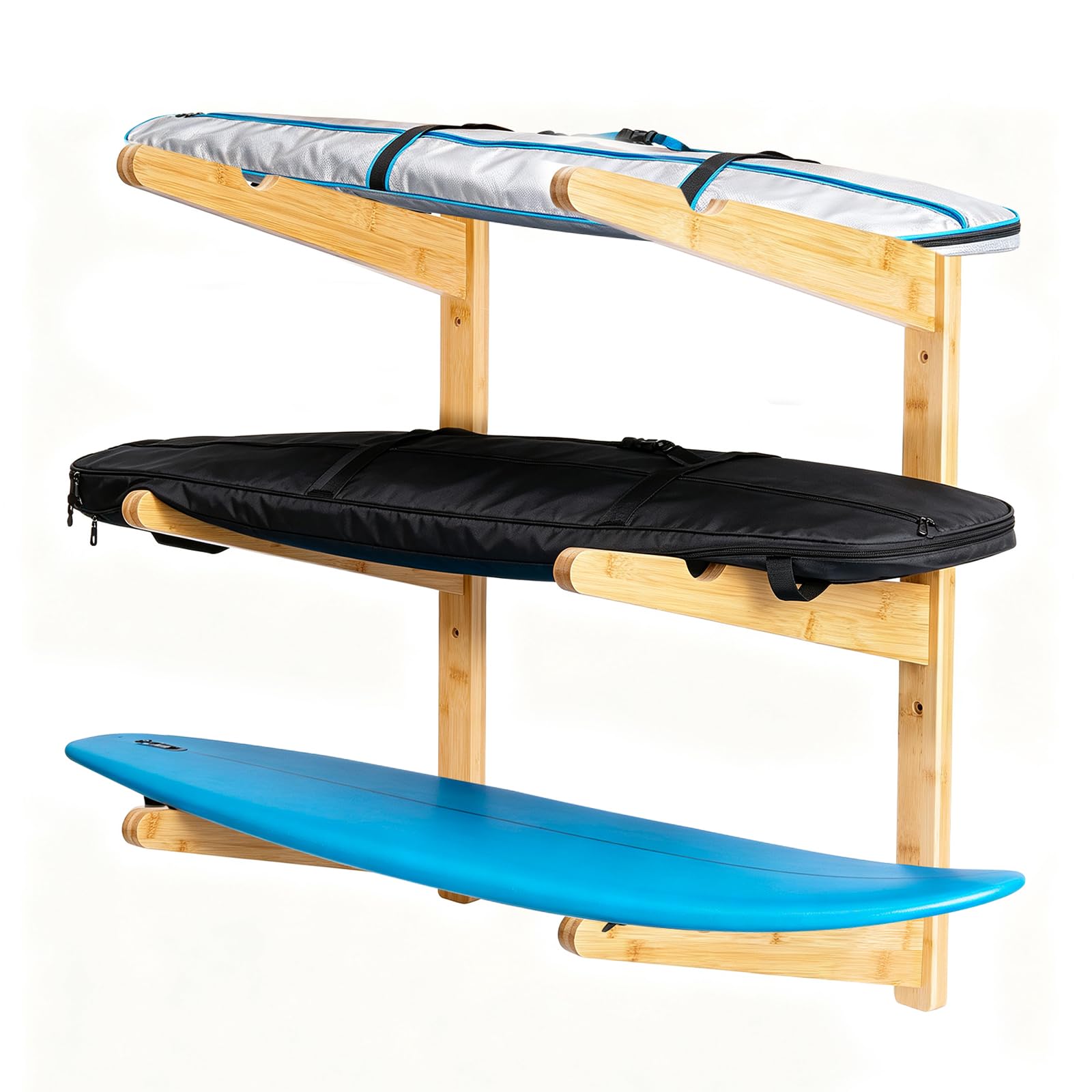 1 Support Mural pour Planche de Surf Support de Suspension pour Planche de Surf en Bambou à 3 Niveau Support Mural pour Shortboard Skimboard et Longboard Idéal 60x4x1.85cm