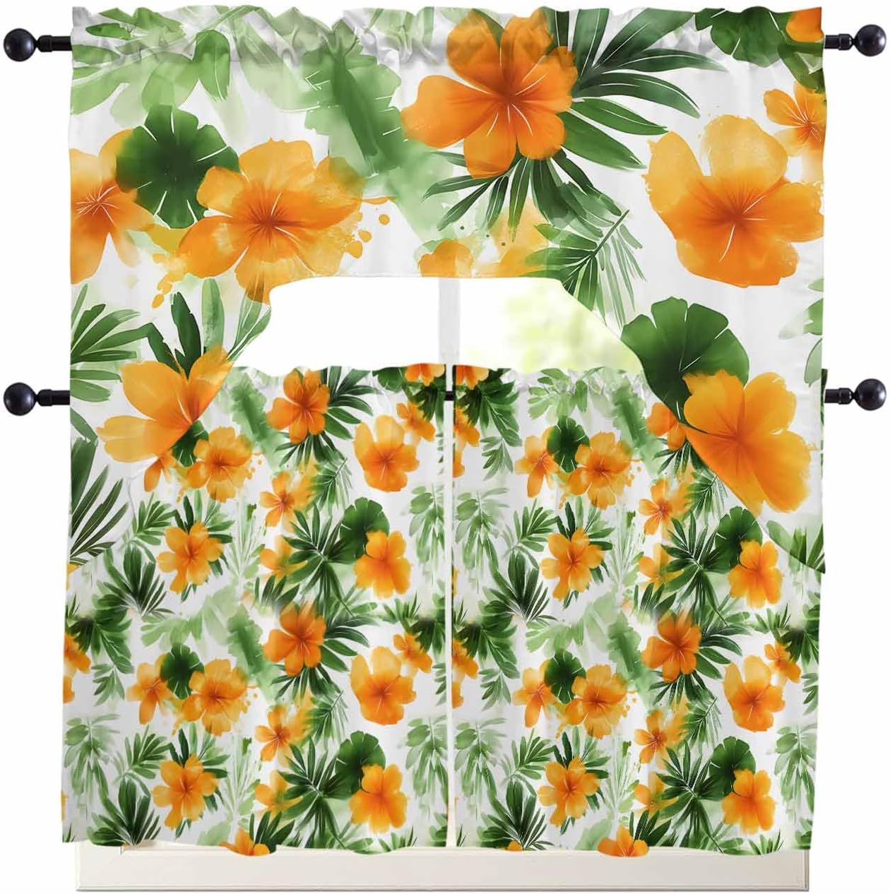 YOKOU Swag Curtain Valance, Hawaiian Hibiscus Flower Tropical Leaves Rod Pocket Window Curtain for Kitchen Bedroom Bathroom, 3 Pieces 24 Inch Long Summer Orange Green