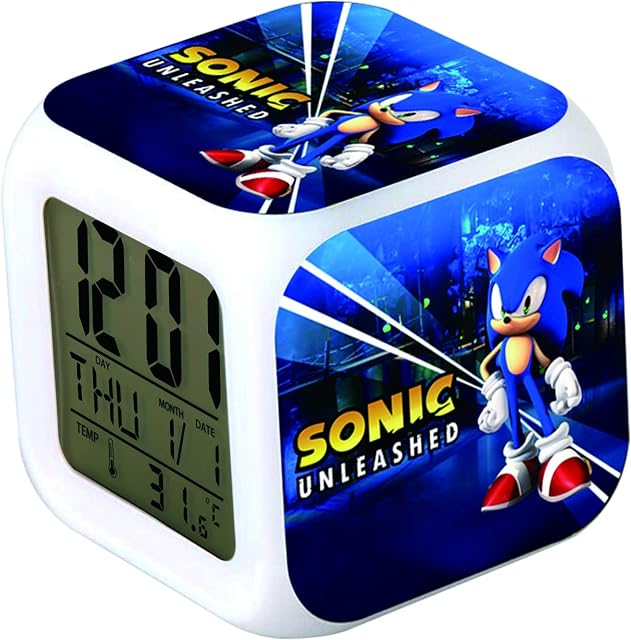 R-timer Sonic The Hedgehog Alarm Clock Digital Clock with Temperature Big LED Night Light, Smart Alarm Clock with Charging Cable for Kids Teenagers Gift Bedroom Decor (Sonic Blue Night)