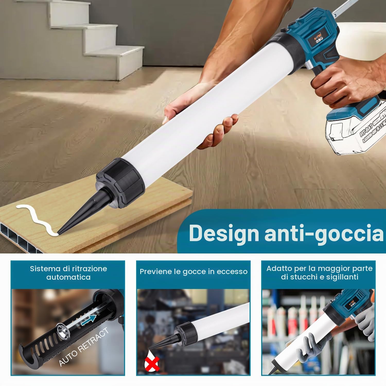 KATSU FIT-BAT Pistola per Silicone Senza Fili 18V/21V, Senza Gocce, 4 Velocità Regolabili, Pistola per Sigillante Adesivo per Applicazione Automatica Liscia, Senza Batteria Inclusa