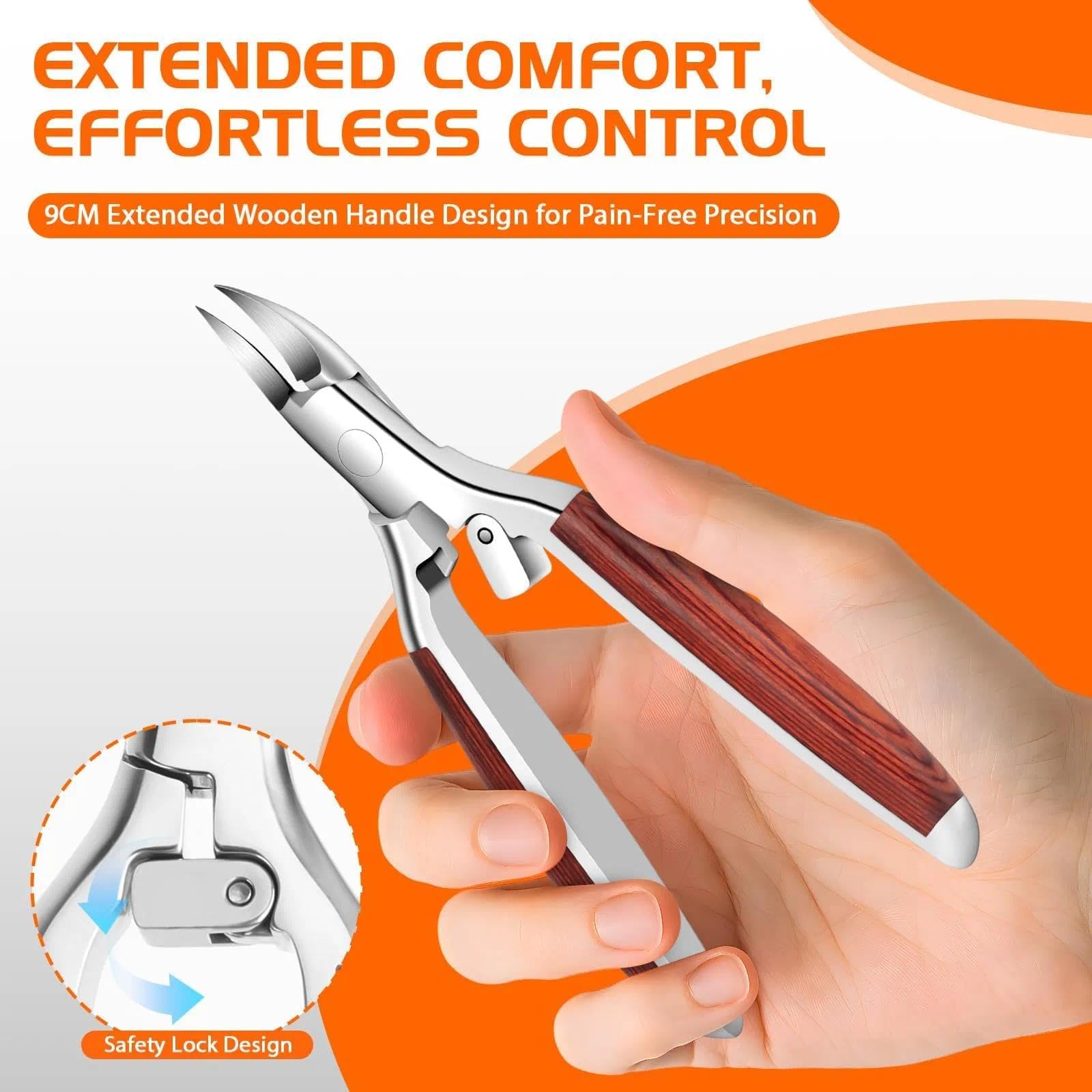 Coupe Ongle Set Professionnel, 6PCS Kit Pedicure pour Pied avec Manche en Bois Antidérapant et Verrou de Sécurité, Coupe-Ongles Pied pour Personnes Âgées pour Ongles Épais, Durs et Incarnés