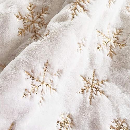 Miniatura 2 de Faldones de felpa para árbol de Navidad, 36 pulgadas, tapete de lujo de piel sintética blanca nevada con copos de nieve dorados para decoración de