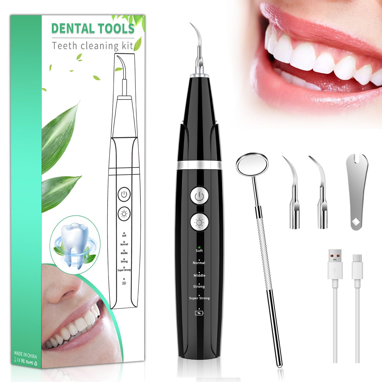 Zahnsteinentferner Zahnreinigung Set mit LED, leise Zahnreinigungsset Elektrisch für Hund/Katzen & Menschen/Zuhause, 5 Reinigungsmodi, USB-C/1500mAh (60 Anw. pro Akkuladung), IPX7 wasserdicht - 2