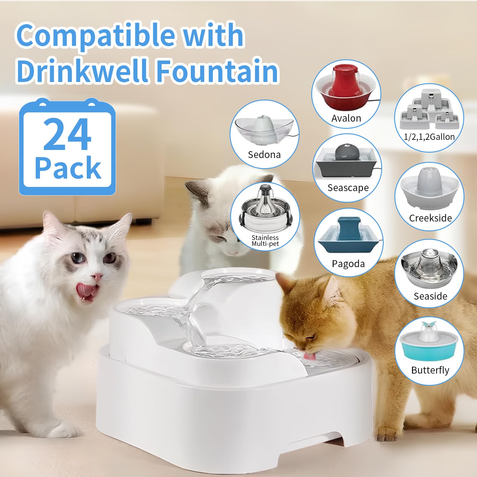 24 filtros de espuma de repuesto para fuente de agua para gatos PetSafe Drinkwell de cerámica y acero inoxidable para mascotas, filtros de espuma para fuente de agua para gatos