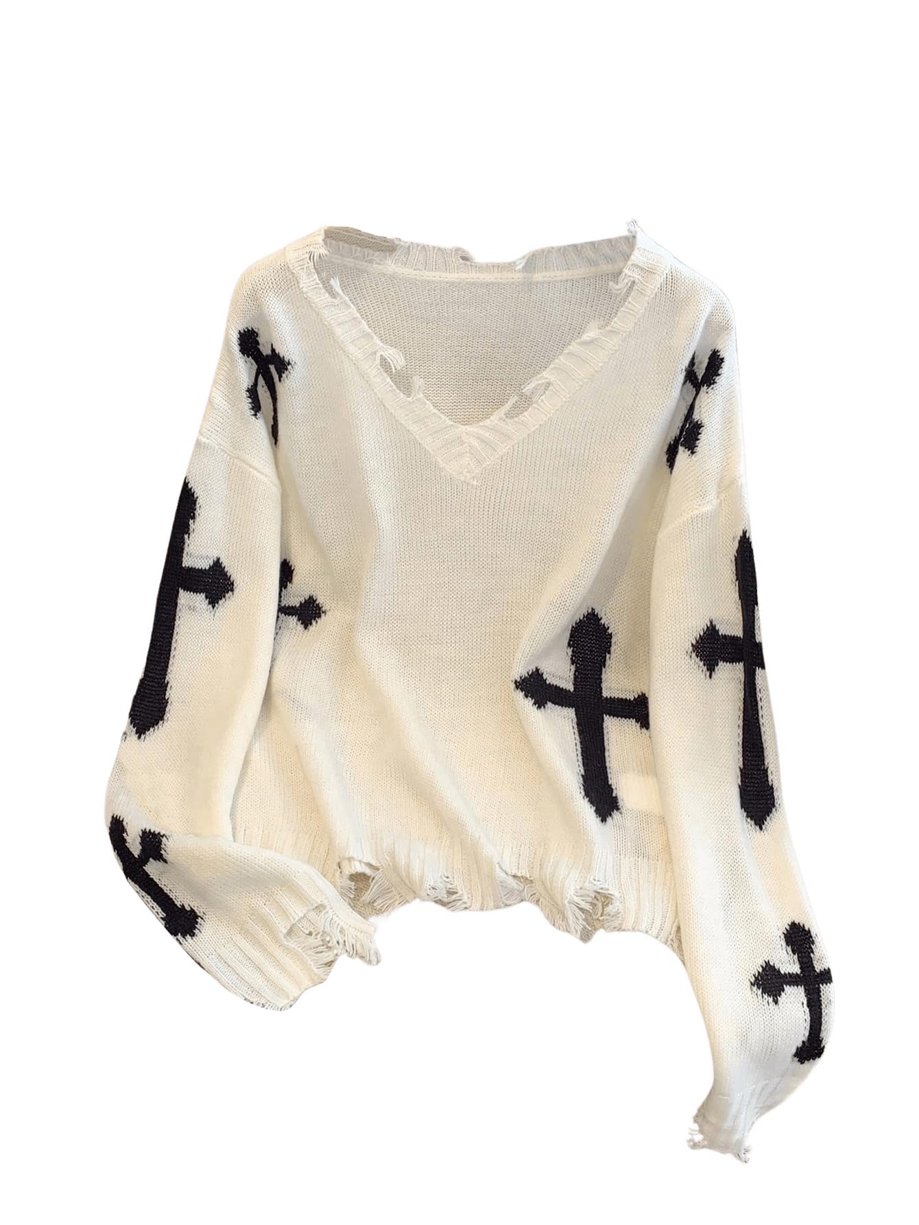 Verdusa Womens Cross Graphic Ripped Sweater V Neck Long Sleeve Drop Shoulder Casual Pullovers