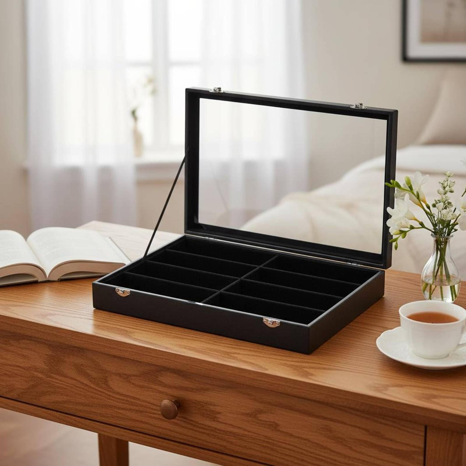Brillenkoffer mit Deckel Sichtfenster 8-Fächer Brillenkoffer Kratzschutz Sonnenbrillen-Box für Sonnenbrillenträger, Schwarz, Schwarz Mit Grauem Innenraum