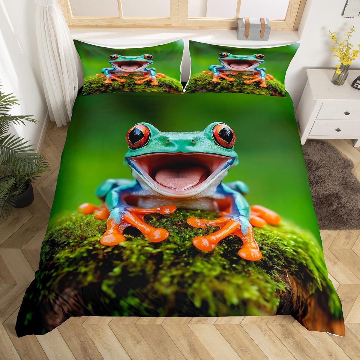 Feelyou Frog Comforter Cover Tropical Amphibian Bedding Set 3D Animal Theme Duvet Cover for Children Kids Boys Girls Tropical Nature Theme Bedspread