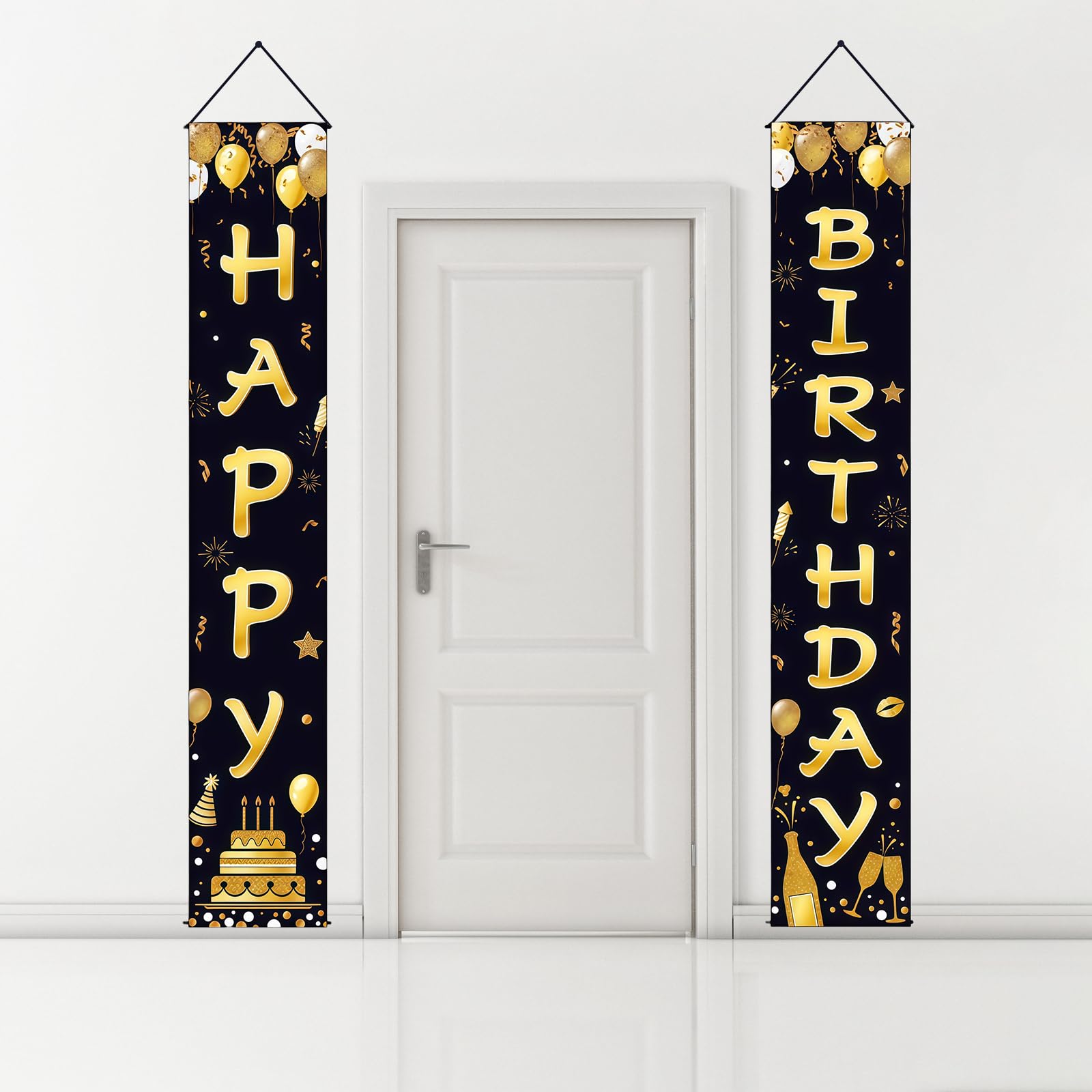 Porte Joyeux Anniversaire,180cm×30cm Banderole Porte Anniversaire Pour Hommes Et Femmes,pour Fêtes D'Anniversaires,Décorations Pour La Maison Et Photographie D'Anniversaires,70.87in×11.81in (Or Noir