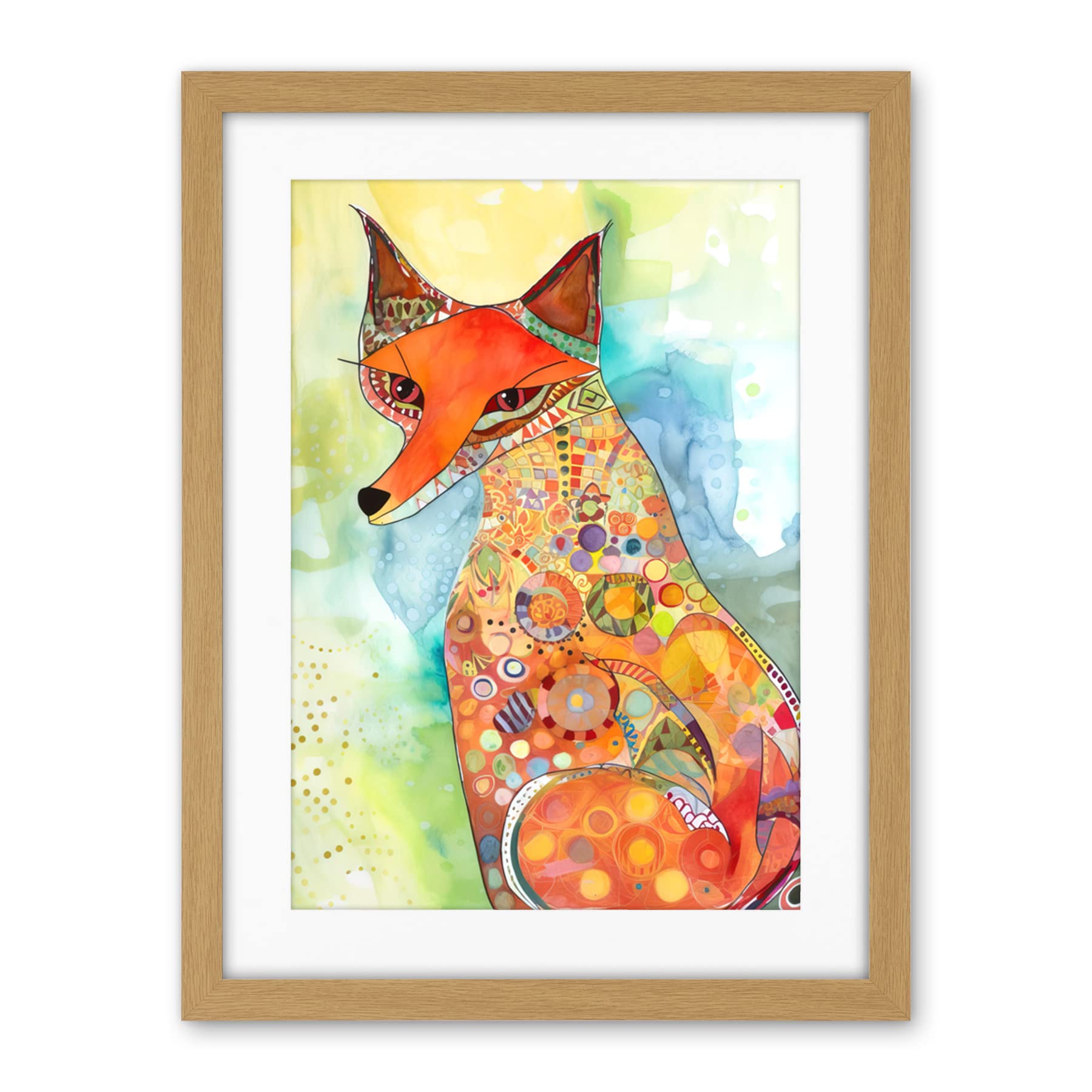 Artery8 Sitting Fox Folk Art Watercolour Painting Artwork Framed Wall Art Print 18X24 Inch