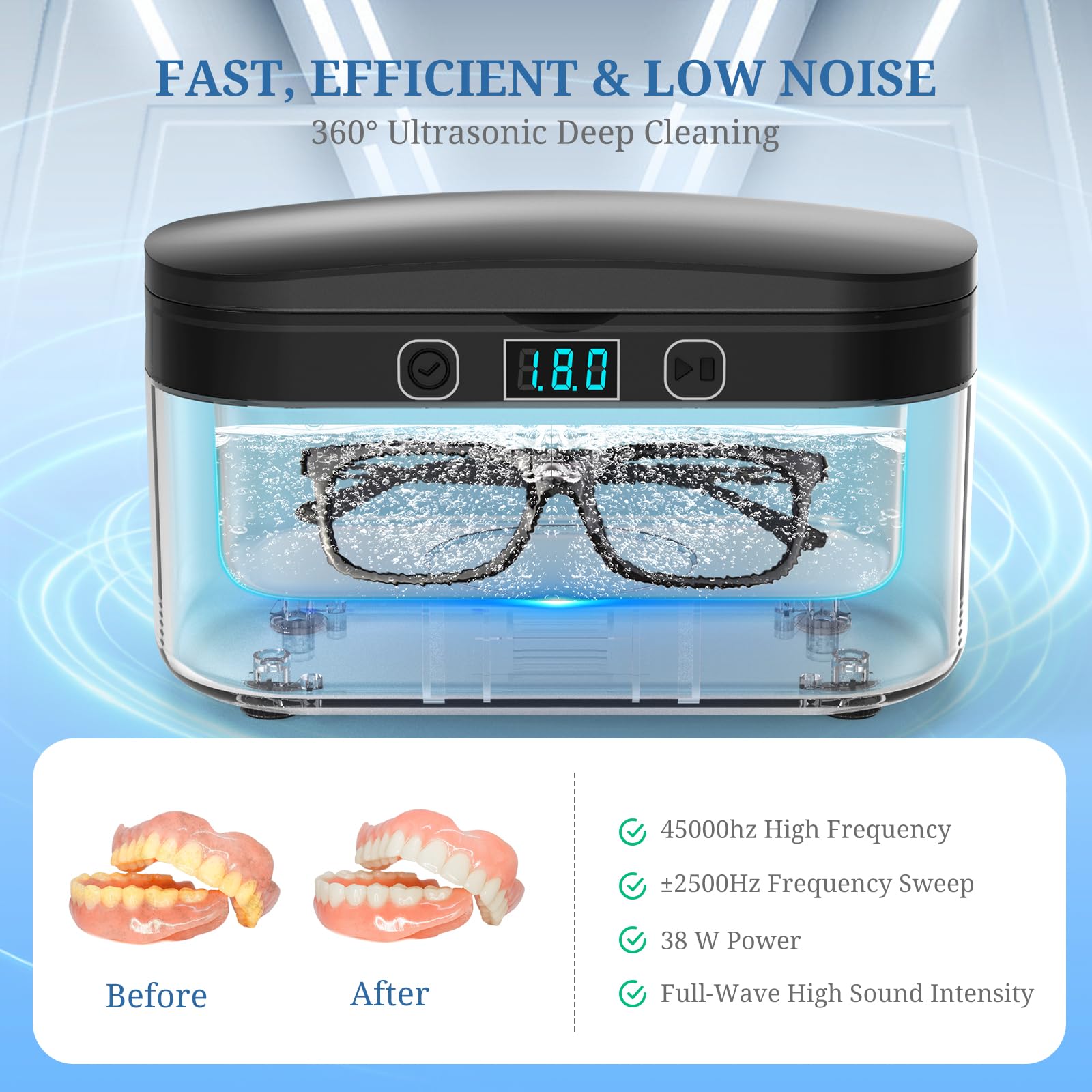 PELCAS Limpiador Ultrasonidos 45KHz 500ml Limpiador Ultrasónico Actualizado 38W Ultrasonidos Limpieza con Pantalla Táctil con 5 Modos de Temporizador para Joyería Dentaduras Postizas Gafas Relojes