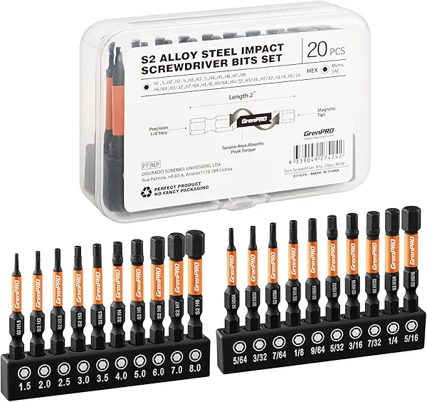 GRENPRO Allen Wrench Drill Bit Set Hex Head Impact Driver Bit Set 20pc (Metric&SAE), 1/4” Hex-Shank Magnetic Hex Key Bit Set 2” Long Bit Socket Set, Allen Key Screwdriver Driver Bits Sets