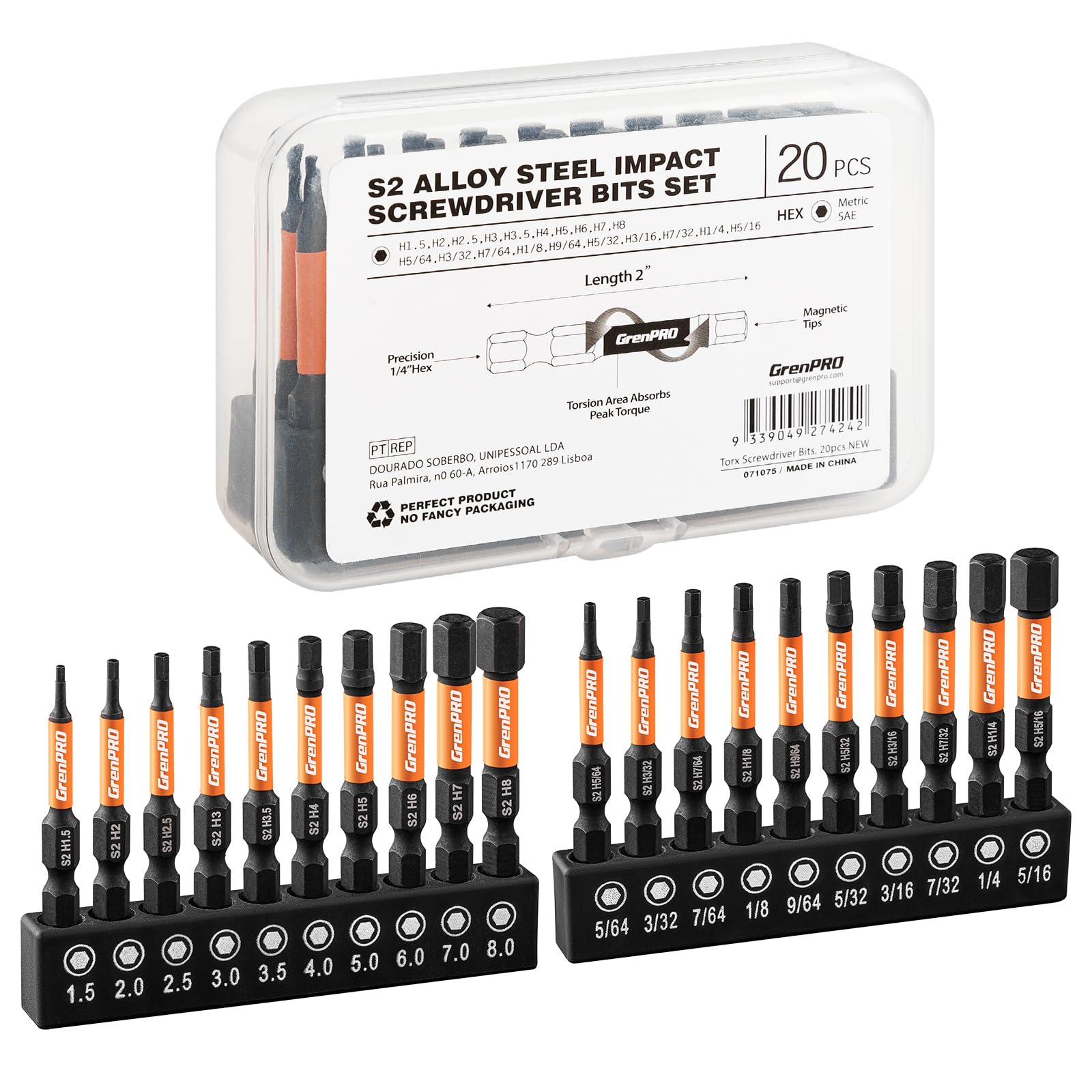 Allen Wrench Drill Bit Set Hex Head Impact Driver Bit Set 20pc (Metric&SAE), 1/4” Hex-Shank Magnetic Hex Key Bit Set 2” Long Bit Socket Set, Allen Key Screwdriver Driver Bits Sets