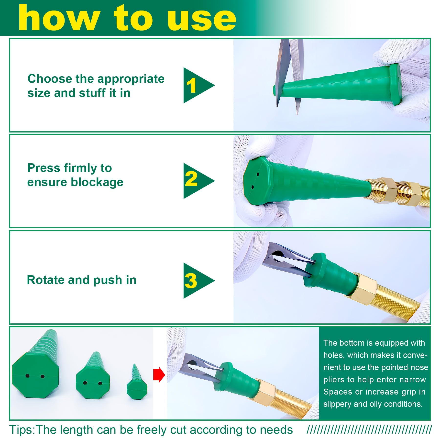 Tappi di servizio per olio idraulico, kit di tappi e tappi in gomma universali per tubi, tubi dell'olio, irrigazione, 3 misure (verde)