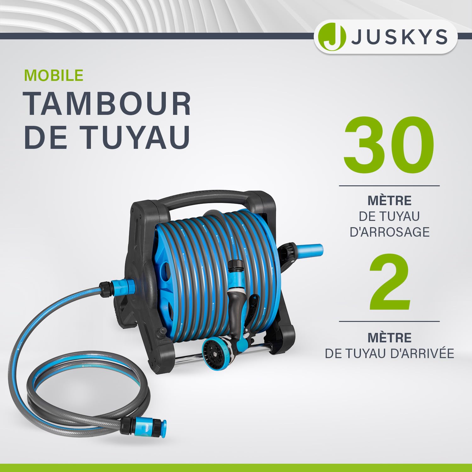 Juskys enrouleur de tuyau avec 30 m + 2 m de tuyau et pommeau multifonction - enrouleur de tuyau mobile avec support mural, buse — bleu gris foncé