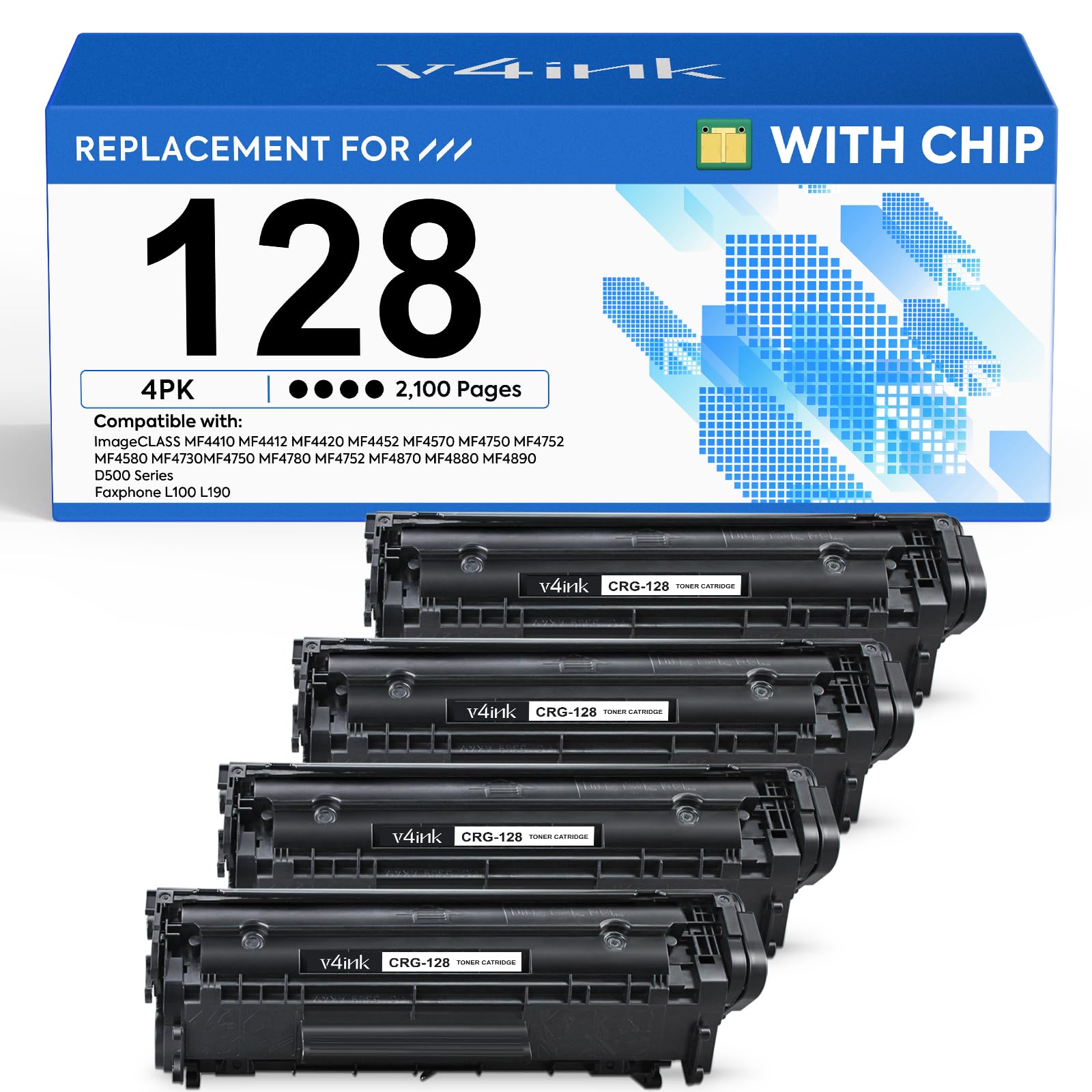 v4ink Compatible Toner Cartridge Replacement for Canon 128 CRG128 Toner Cartridge for Canon ImageCLASS D530 D550 LBP6230DW MF4770N MF4890DW MF4880DW Faxphone L100 L190 Laser Printer(Black,4-Pack)