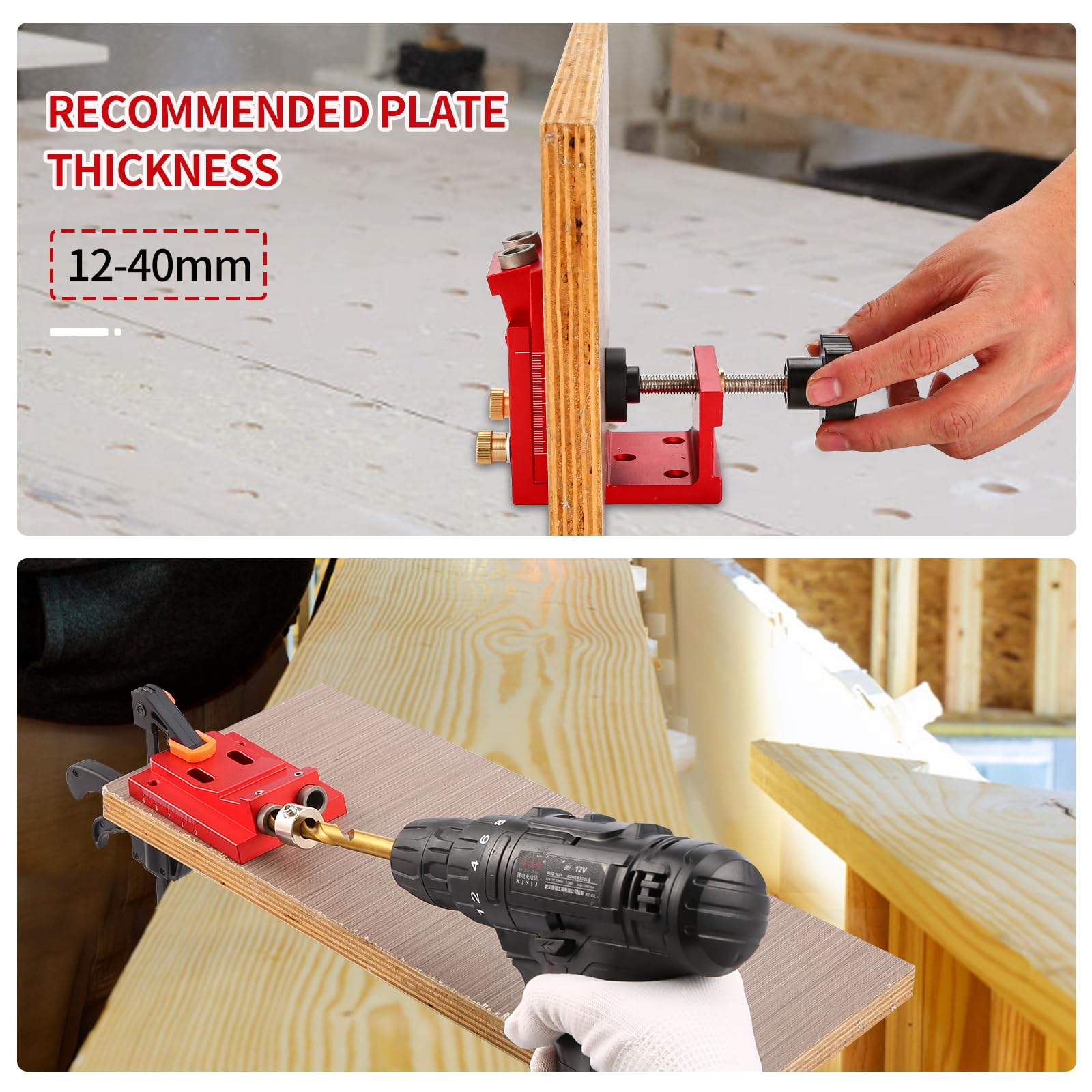 Idong Kit de Gabarit de Trou de Poche Profondeur Réglable, Gabarit de Percage Oblique pour Travaux de Menuiserie Meuble en Bois, Positionneur de Trou Oblique pour Travail du Bois