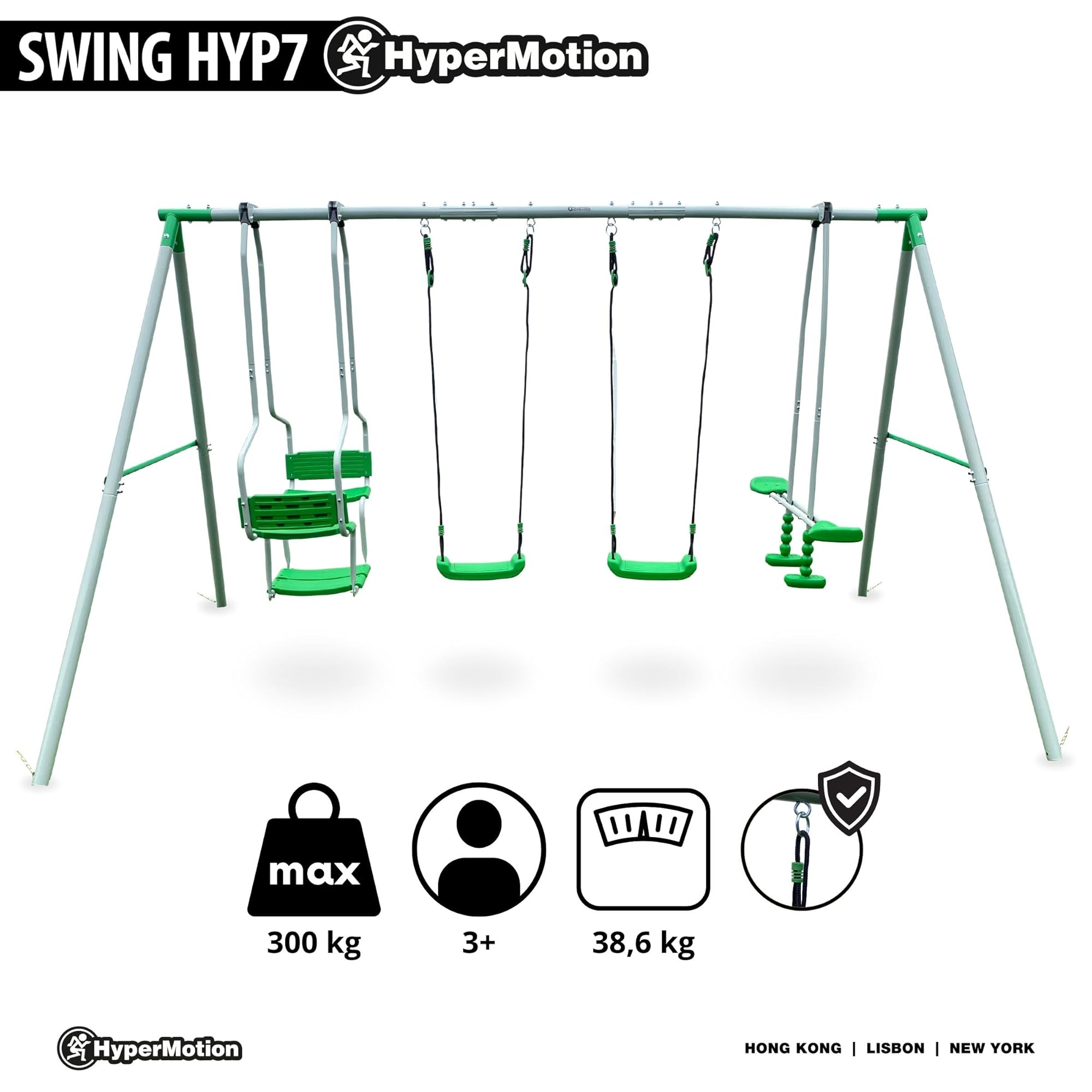 HyperMotion 6-Personen-Schaukel für Kinder 3+, Gartenschaukel mit 2 klassischen Schaukeln, Wippschaukel und Doppelschaukel, verstellbare Seile, wetterfest, Grün
