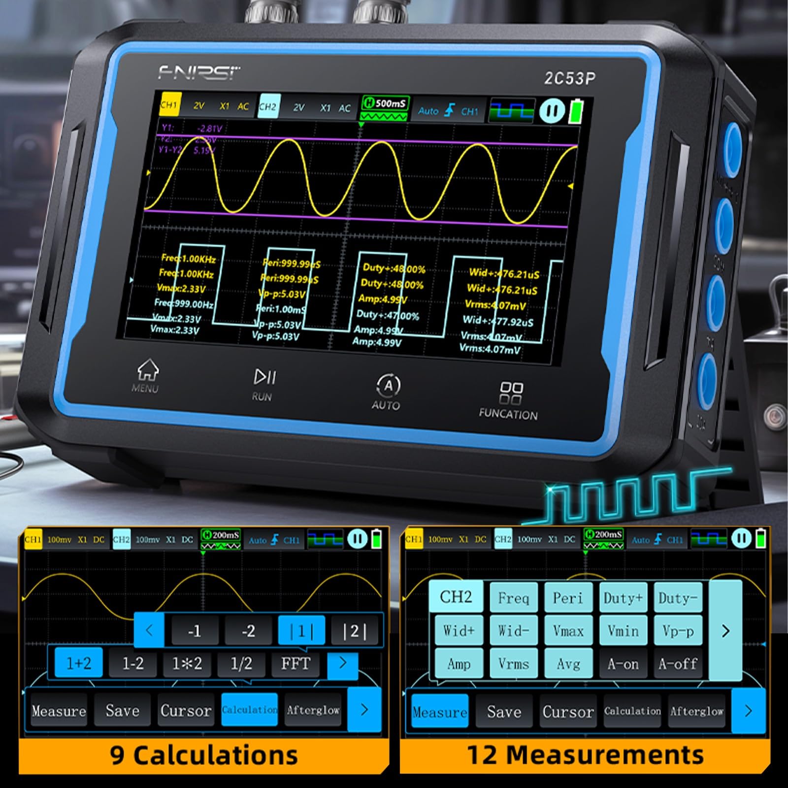 Jadeshay 2C53P Handheld Tablet Oszilloskop Multimeter DDS-Signalgenerator 3IN1 2-Kanal Automobil Oszilloskop Multimeter mit 50MHz Bandbreite 19999 Zählungen 250MS/s Abtastung 4,3-Zoll-Touchscreen