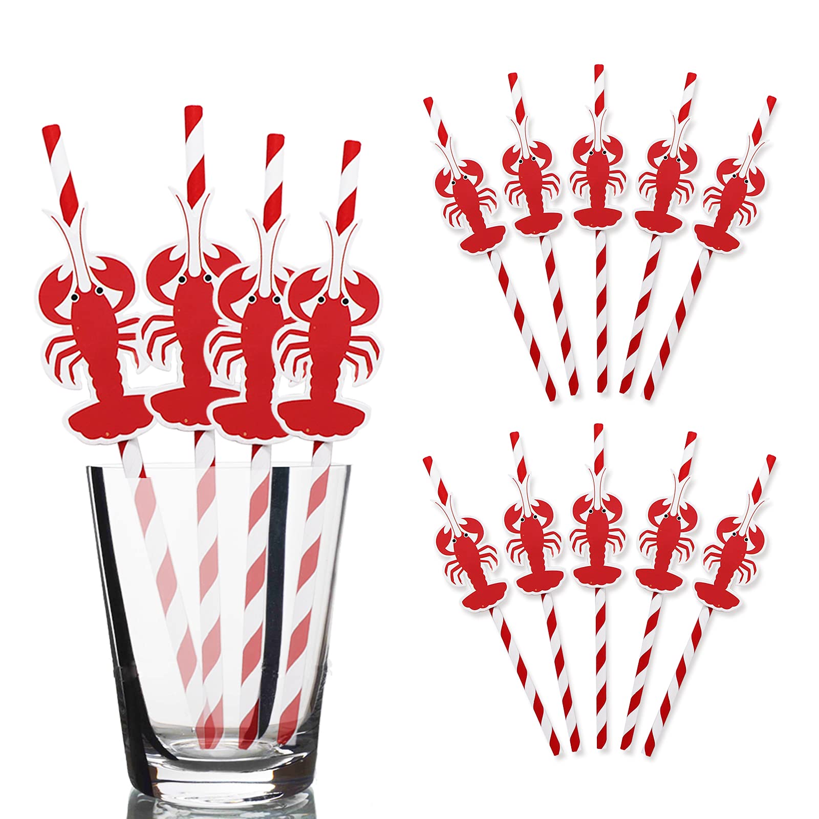 Lobster Paper Straws Decor-24 Pack of Crawfish Birthday Party or Christmas Paper Straws Supplies-Red and White Disposable Striped Paper Decorative