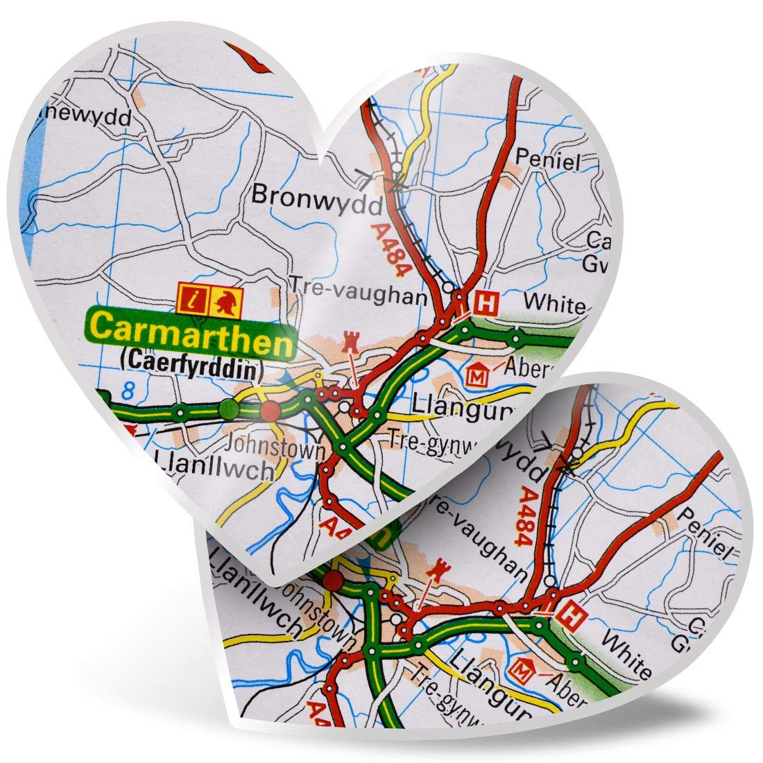 2 x Heart Vinyl Stickers 7.5 cm - Carmarthen Wales Welsh Travel UK Map 44520