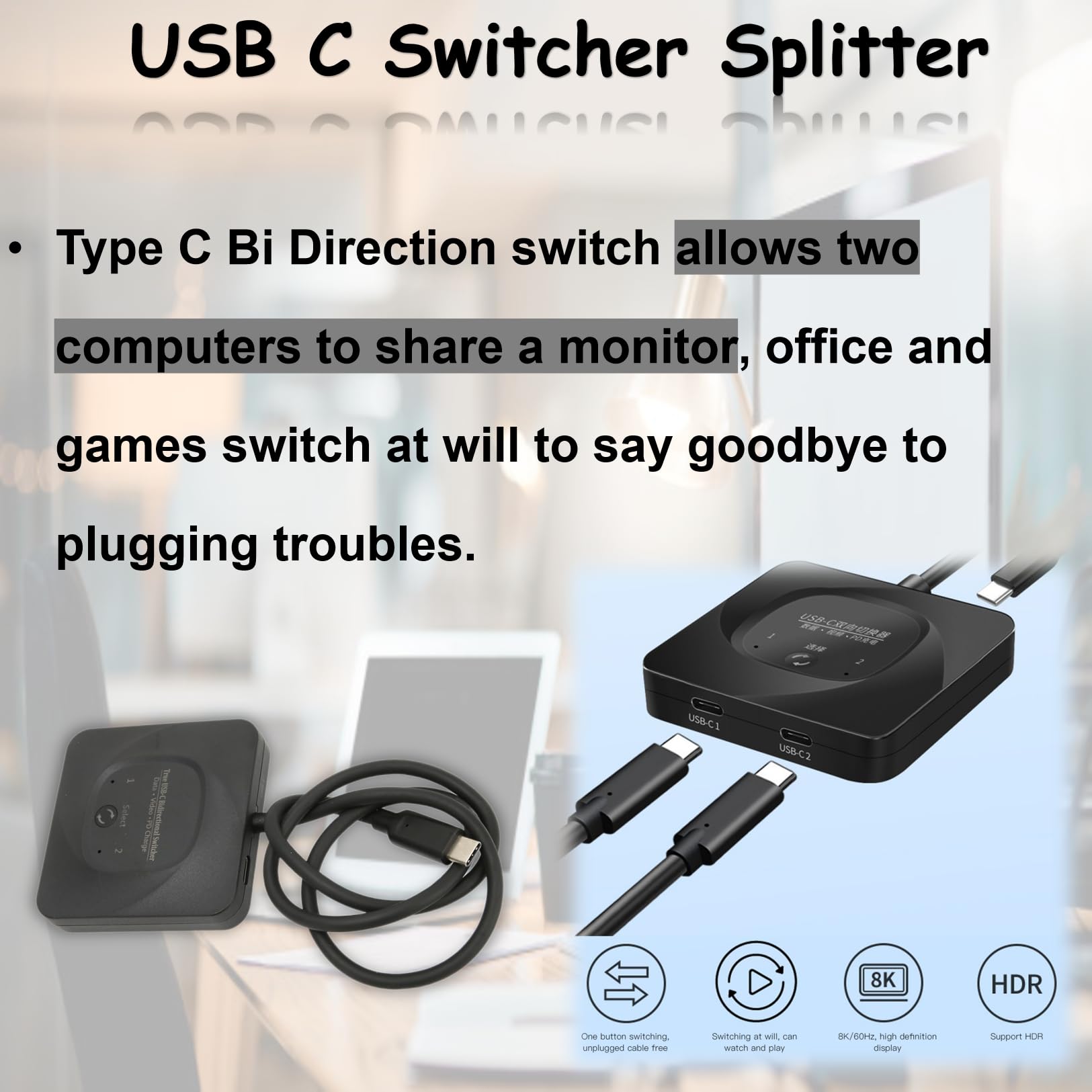 Commutateur USB HD Rpartiteur de Commutateur USB C Plug and Play 2 en 1 avec Indicateur d'alimentation pour Ordinateurs KVM-Switches commutateur KVM-växlar