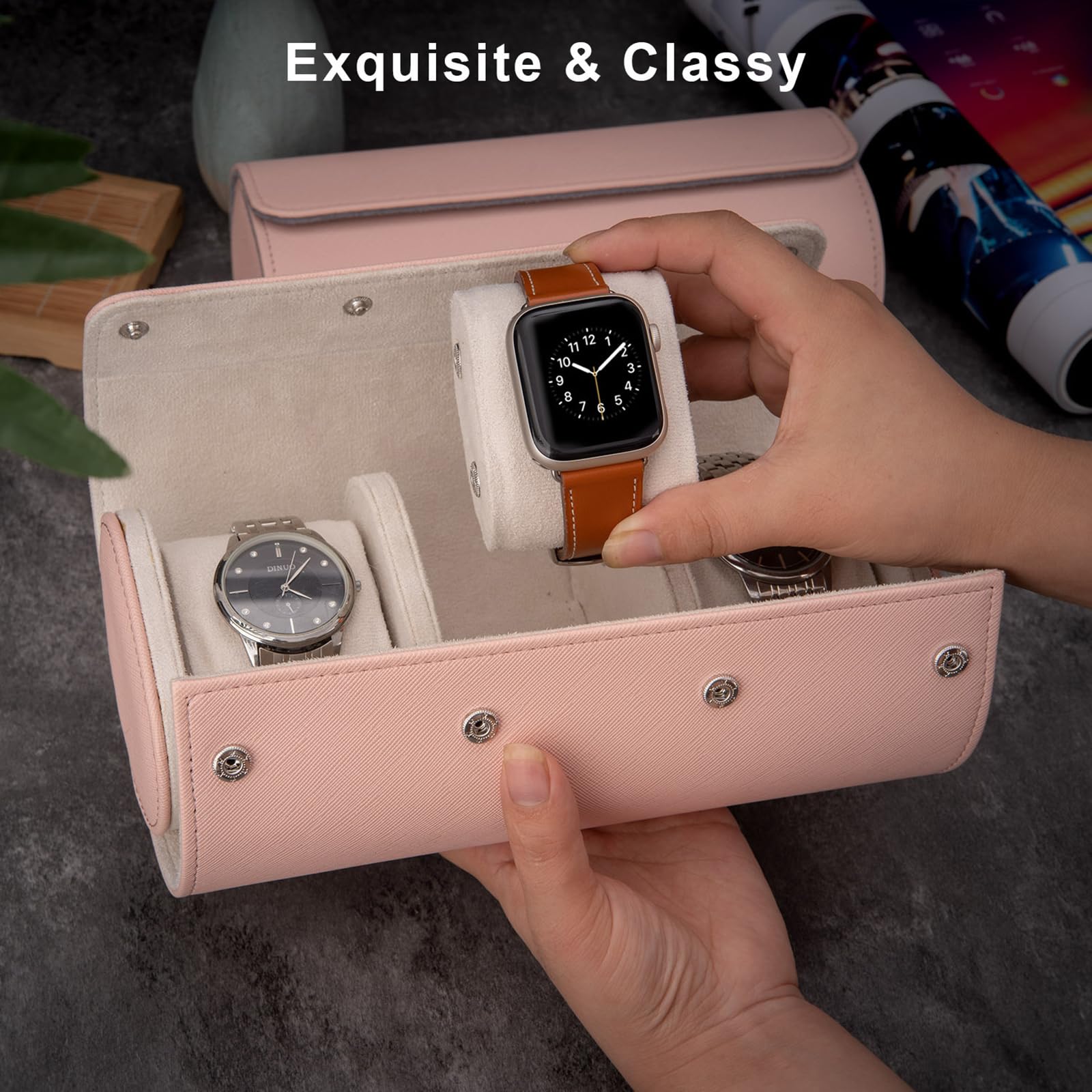Boîte de rangement compacte rétro en polyuréthane pour montres et bijoux