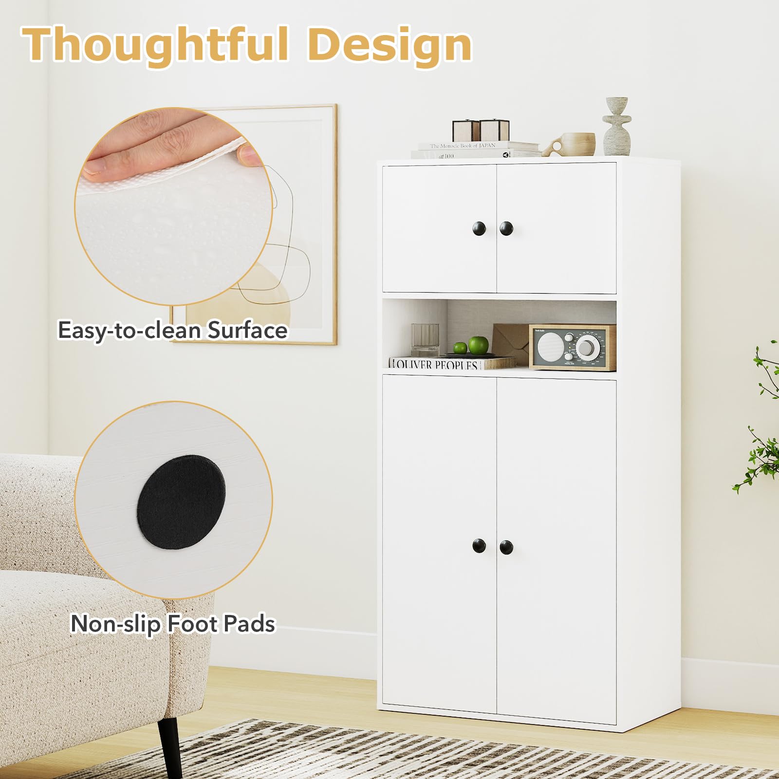 GIANTEX Libreria con 4 ante, mobile da cucina con ripiano regolabile e scomparto aperto, credenza per cucina, soggiorno, sala da pranzo, 54 x 30 x 111 cm (bianco)