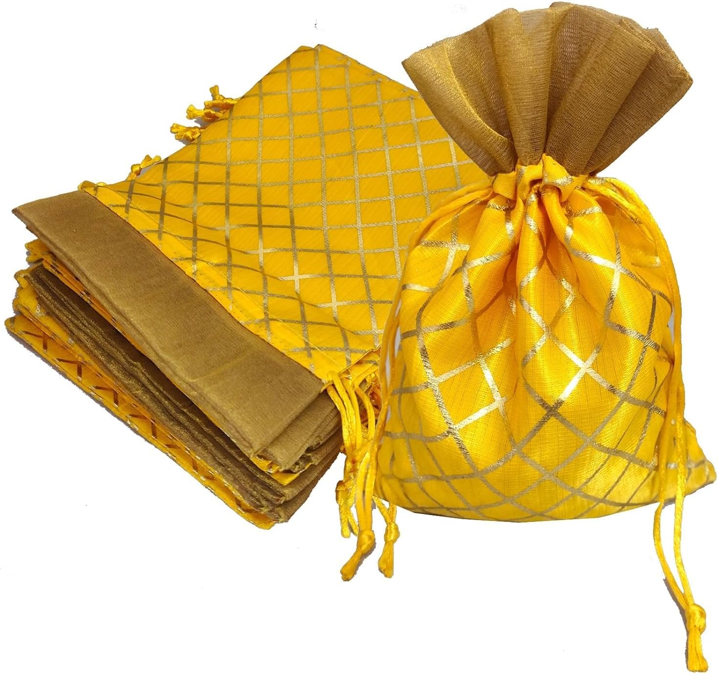 3A FEATURETAIL 13CM X 18CM Small Drawstring Bags Pouches Potli for Gift Wedding Jewelry Packaging Bridal Party Favors for Women (10 Pc Pack, Yellow Color Golden Berfi Print)