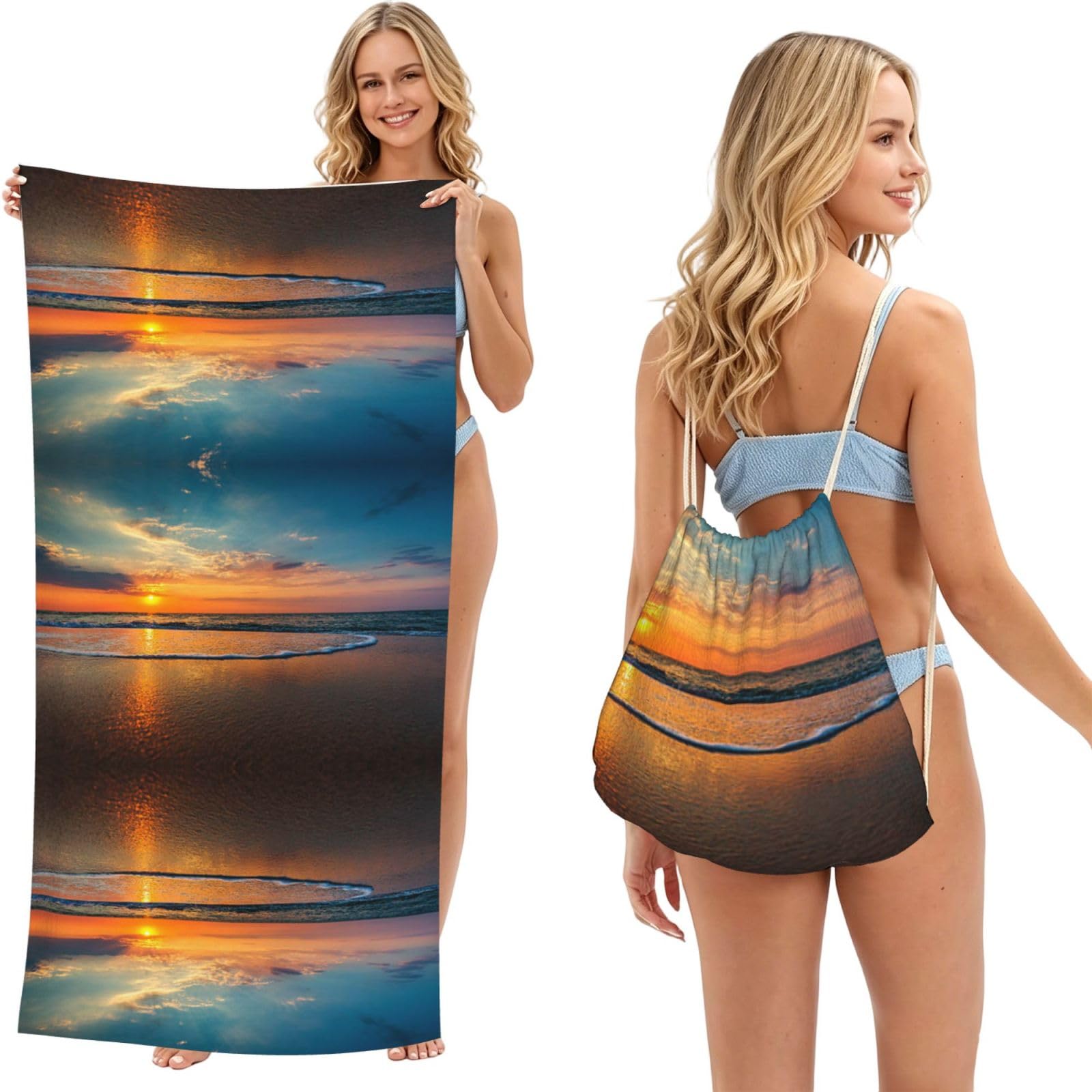 SATUSA Beach Sunset Print 2-In-1 Foldable Beach Towel Backpack â€“ Camping, Yoga And Travel,Bath Towel With Built-In Storage, Convertible Beach Mat & Carry Bag