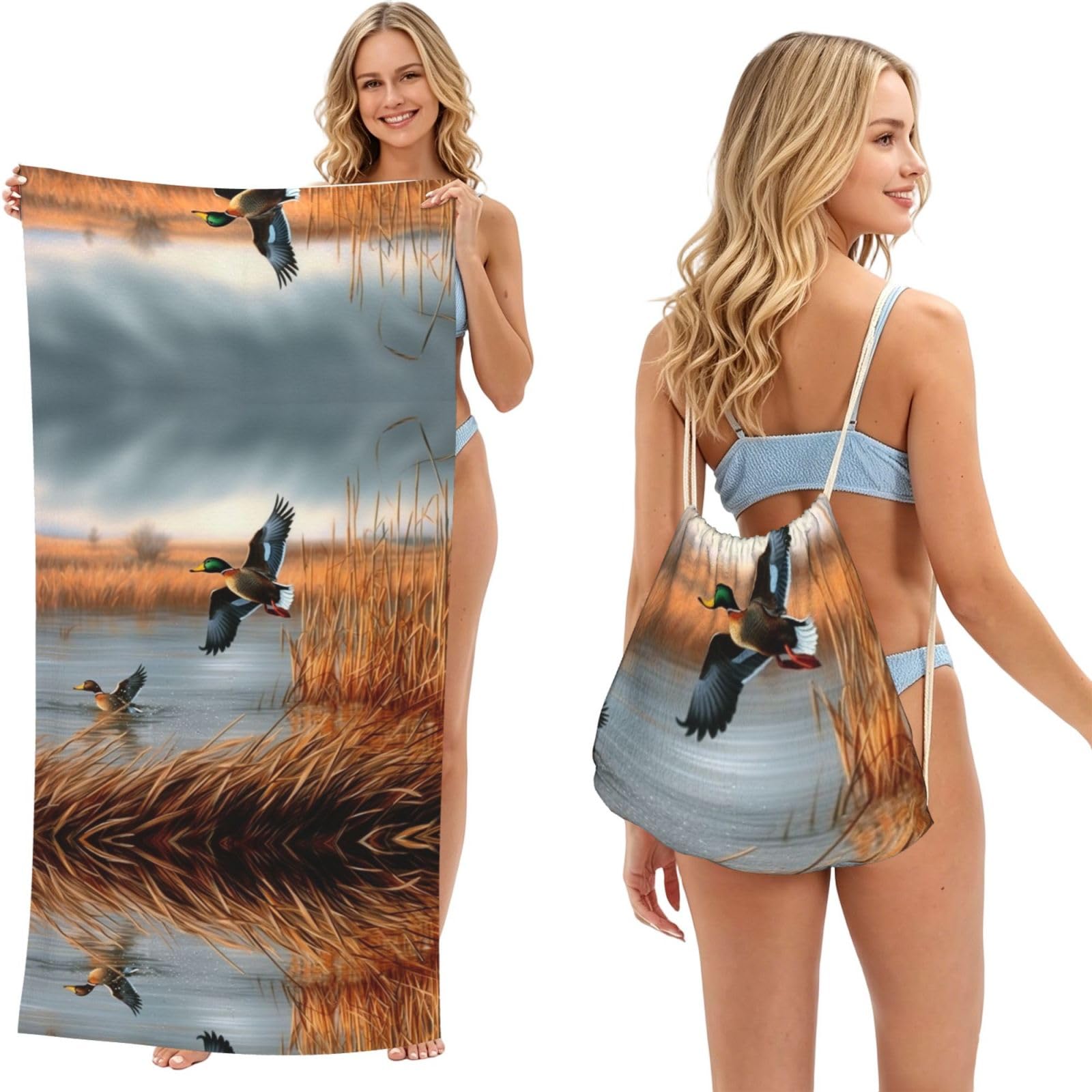ESNAIUVCD Hunting Flying Wild Duck Print Beach Towel For Adults,Towel With Drawstring Bag, Travel Pool Swimming Sports Shower Sand Free Quick Dry Bath Towel For Pool, Beach, Yoga- 180x60cm