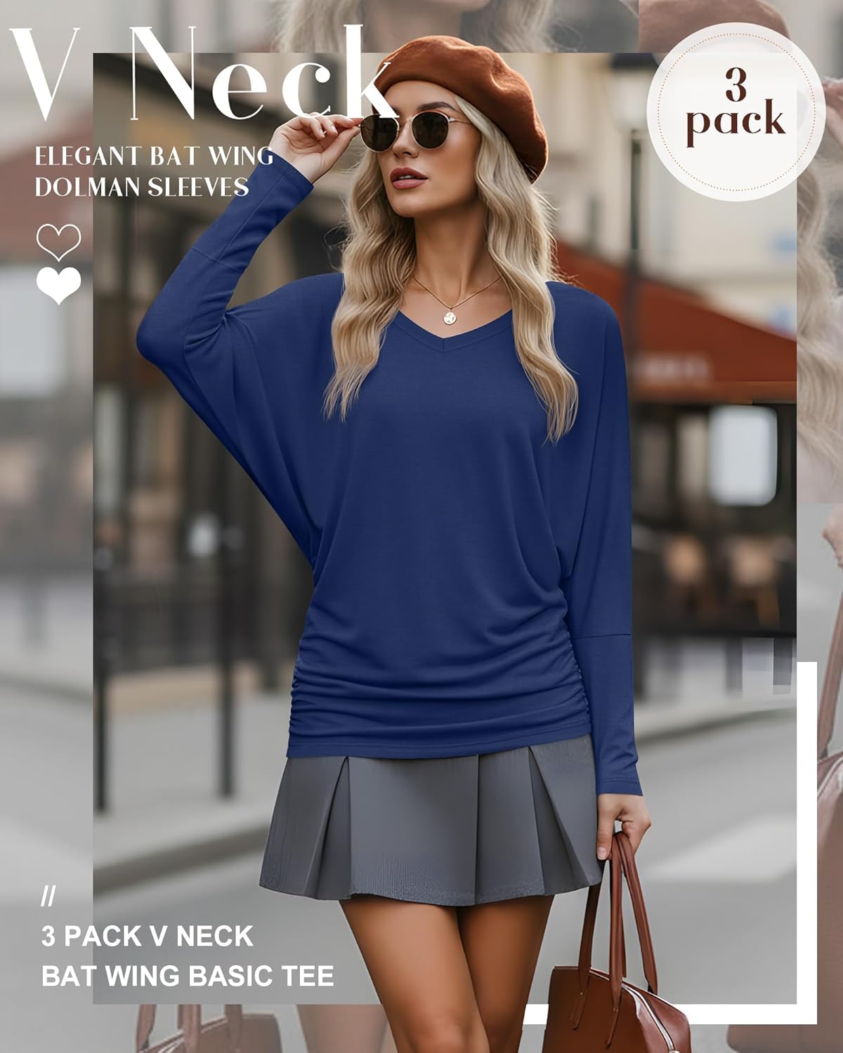 3 Pack Women's Dolman Long Sleeve Tops Casual Flowy Draped Side Ruched Shirts V Neck Lightweight Bat Wing Basic Tee - Image 3