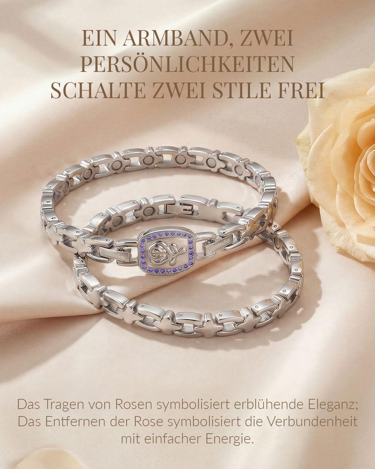 RainSo Bracelet magnétique pour femme - Rose amovible - Bracelet 2 en 1 en acier inoxydable avec double possibilité de port - Taille réglable - Avec outil de réglage et boîte cadeau (violet)