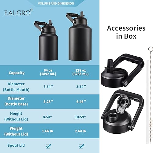 Miniatura 5 de EALGRO Botella de agua aislada de galón con pajilla, 128 onzas de acero inoxidable grande con asa, taza térmica de agua con 2 tapas, arcoíris oscuro