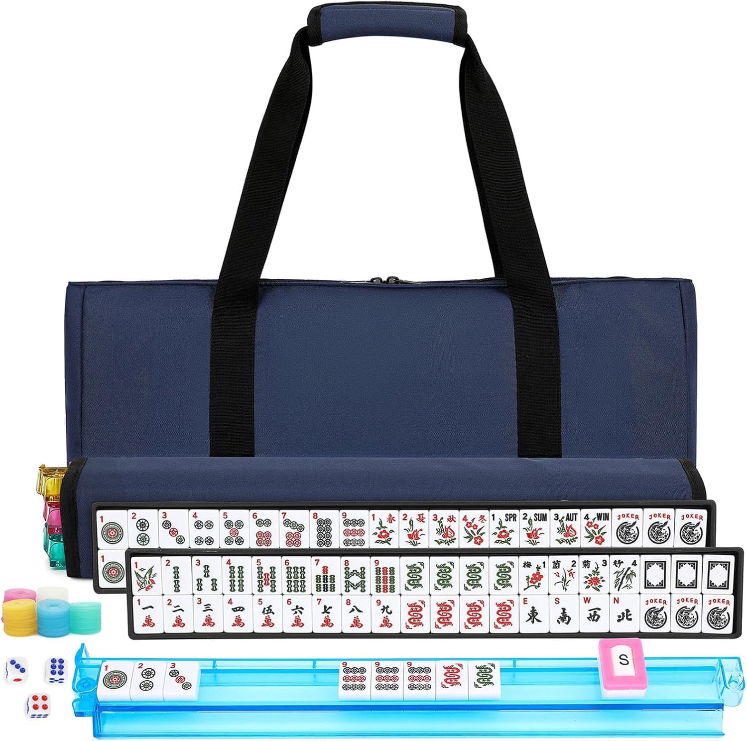 Photo 1 of Marllifenney American Mahjong Tile Set,166 White Tiles Mahjong Set,4 Colors Mahjong Racks,Travel Mahjong Set with Blue Carrying Bag