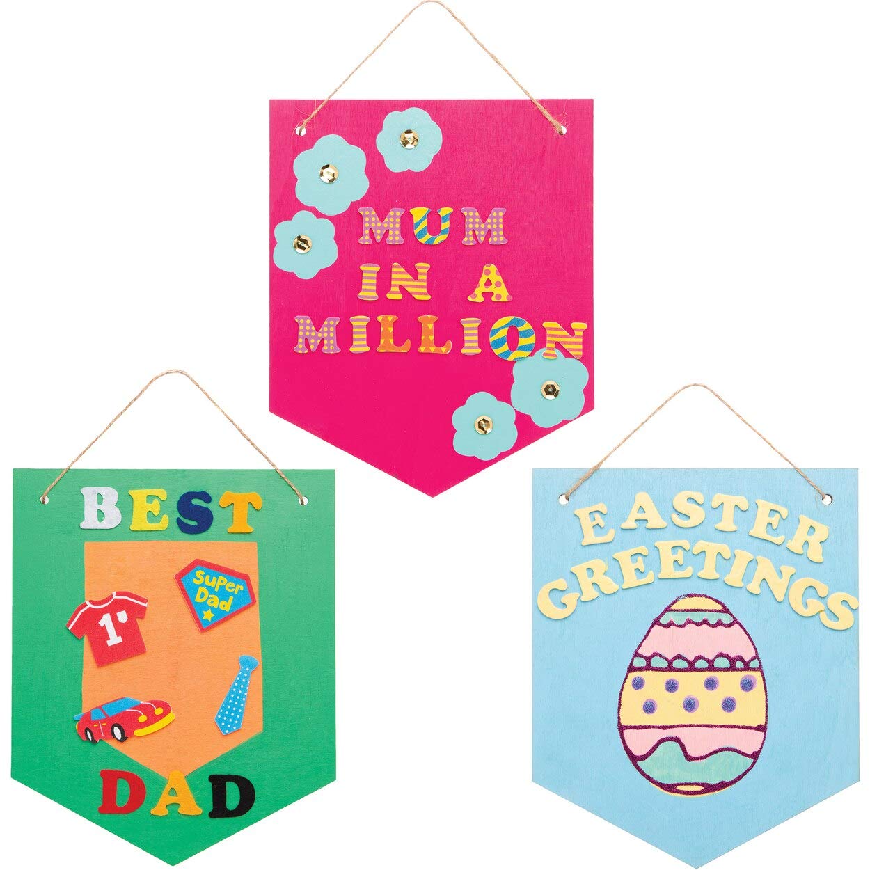 Baker Ross AT395 Wooden Hanging Banners - Pack of 4, Blank Templates and String for Children to Design and Decorate