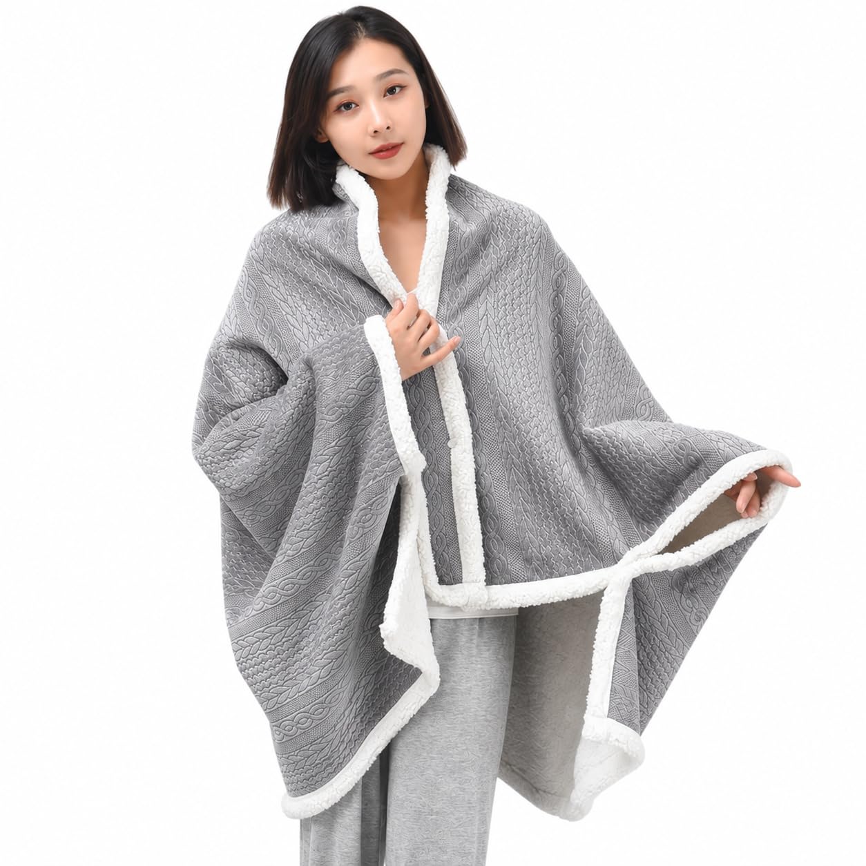 FURN ASPIRE Multi-Wear Double Layered Shawl Blanket, Wearable Shoulder Blanket, Women Ponchos, Shawls Wraps with Buttons, Winter Cape Fleece for Office, Home, Travel (Grey)-image-17