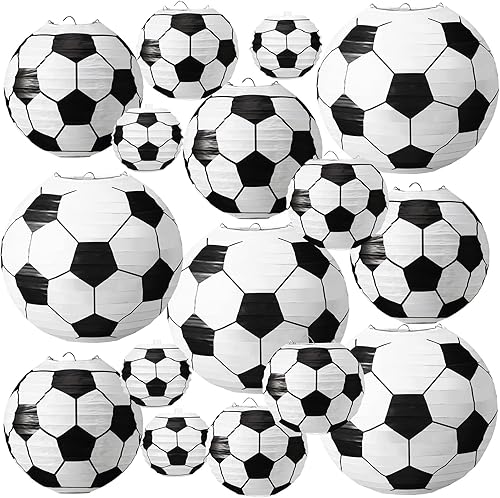 16 linternas de papel de fútbol deportivo de varios tamaños, para interiores y exteriores, para fiestas de fútbol, decoración de fiestas de fútbol,