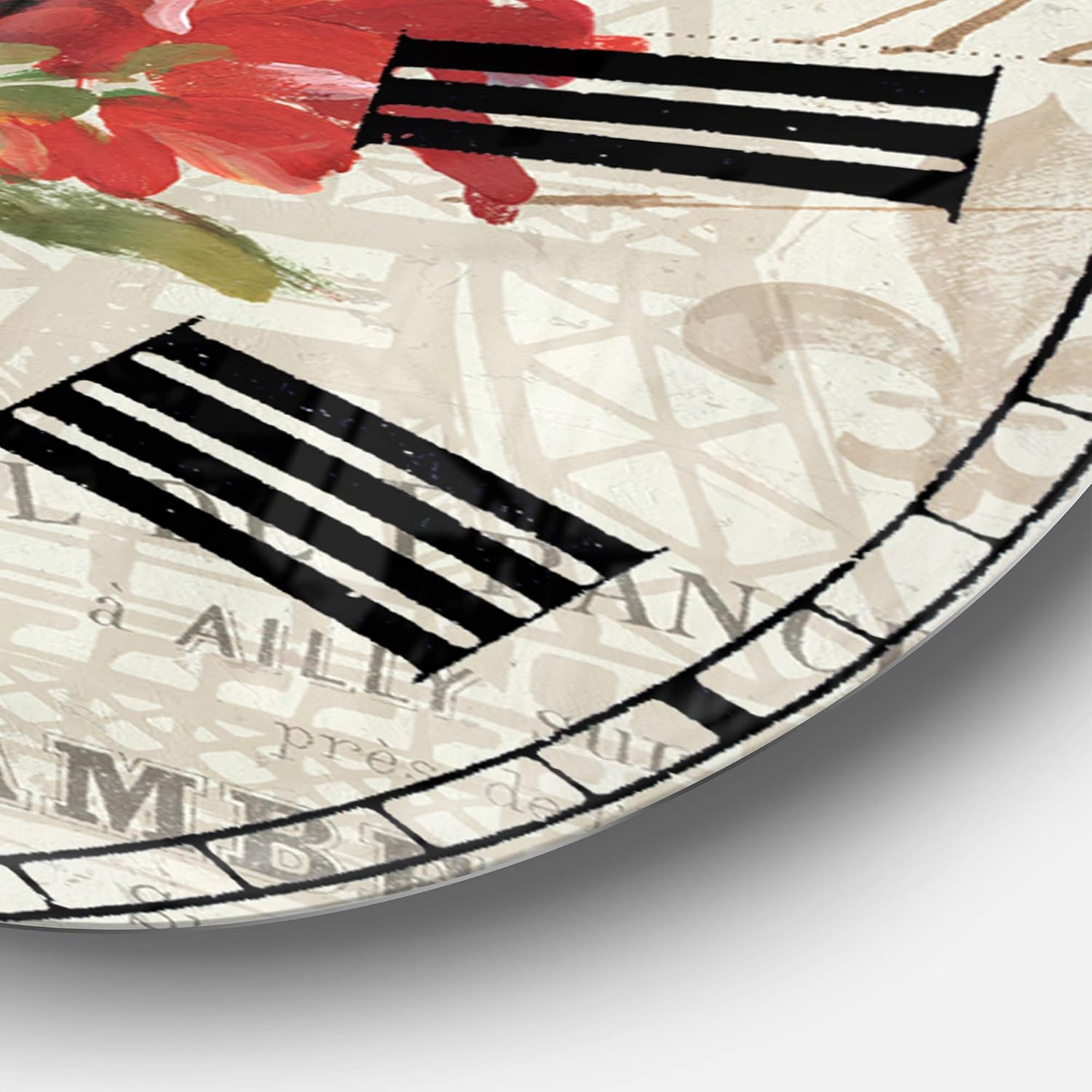 DesignQ 'Red Painted Flowers on Vintage Postcard I' Traditional Wall Clock for Home Bedroom Bathroom Office Living Room Decoration