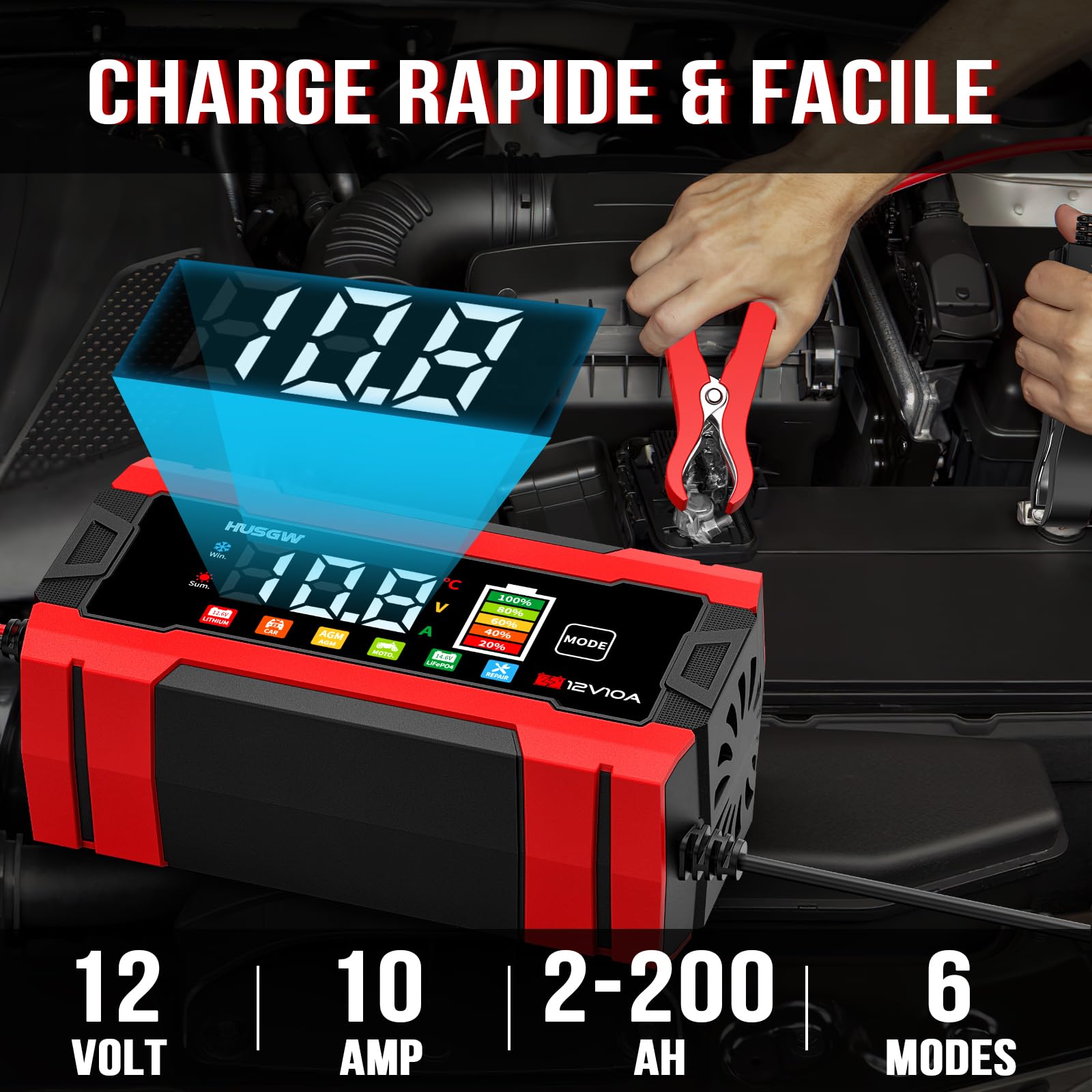 10A Chargeur de Batterie Voiture, 12V 10A LiFePO4 Chargeur Batterie pour Moto avec Réparation Automatisée, 6 Modes Maintien de Chargeur Batterie avec Écran LCD pour AGM/Gel/Wet/SLA