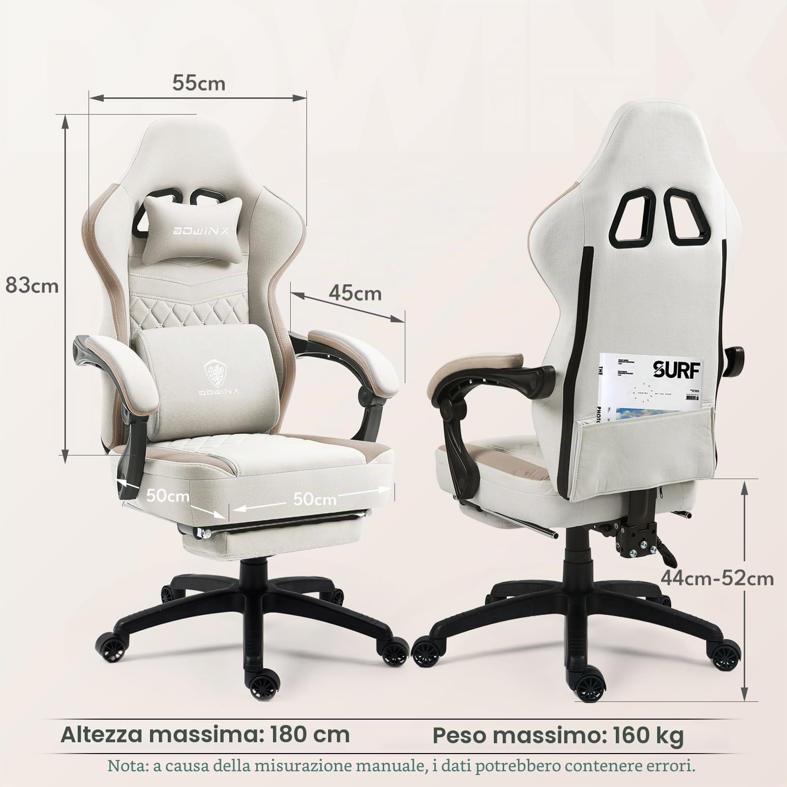 Dowinx Sedia Gaming con supporto lombare, Ampio Sedile Piatto Poltrona Gaming, Sedie Gaming Ergonomica con cuscinetto in gel e borse di stoccaggio Sedia Game, Beige