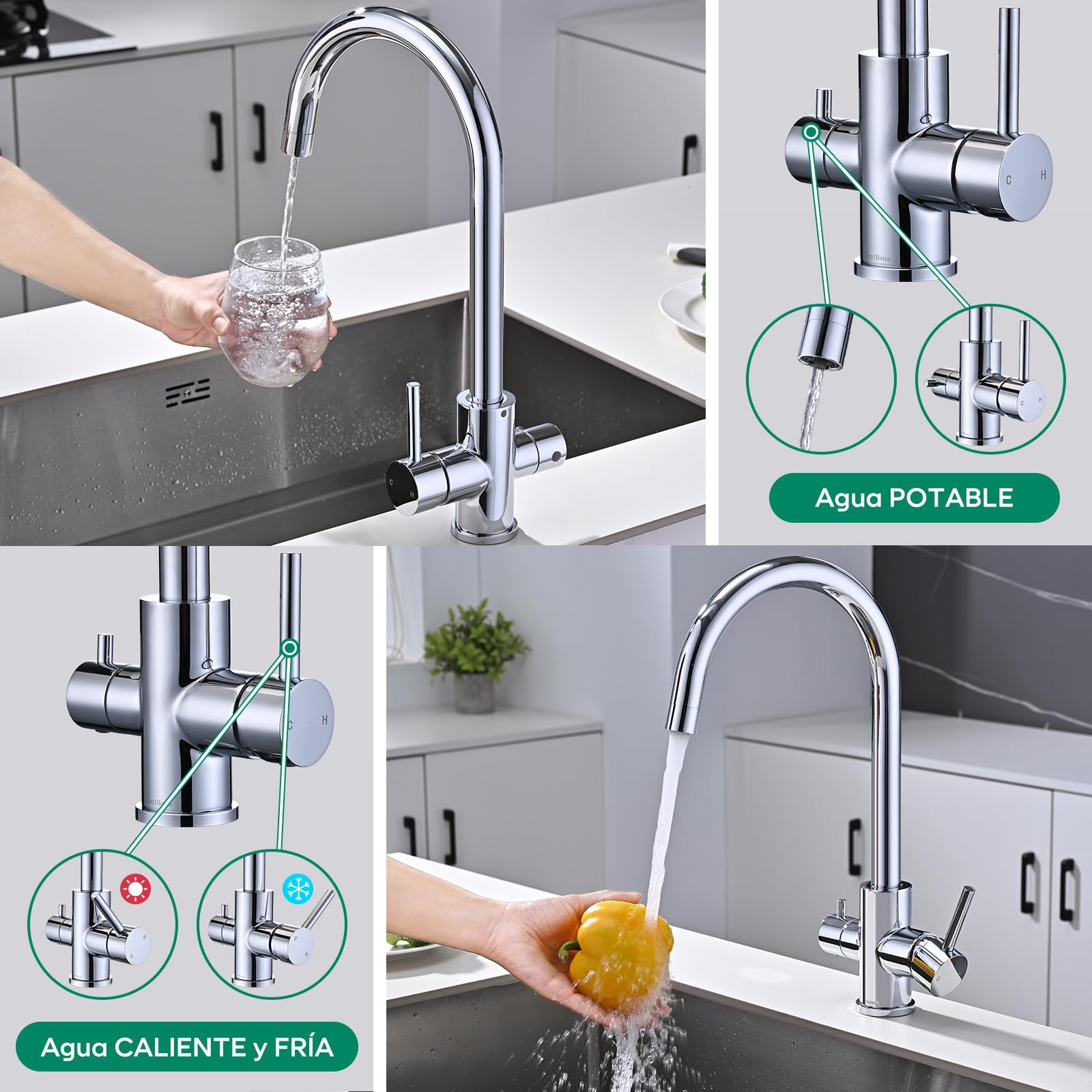 Grifo para Fregadero de Cocina de 3 Vías BuntHaus, Acero Inoxidable Cromado