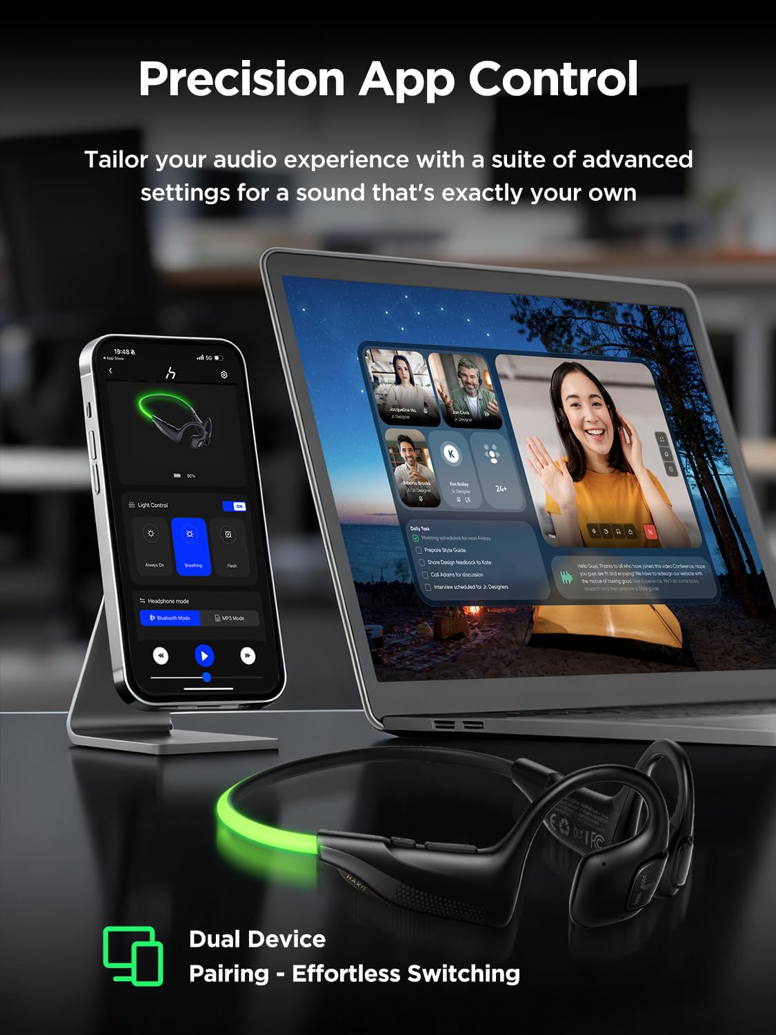 HAKII Light 2 Cuffie Open Ear, IPX5 Wireless Bluetooth Auricolari con 180° Ultra-Bright Beacon String, 16H Tempo di Riproduzione, Cuffie sportive per corsa, fitness, Ciclismo, Outdoor - Verde