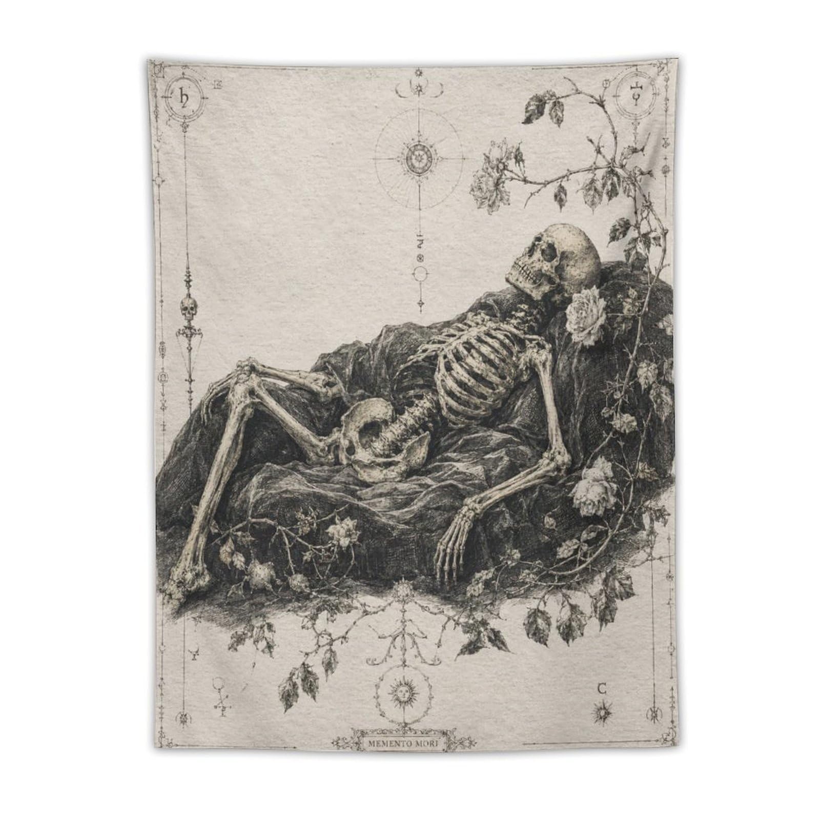H3B8U2Y5 Skeleton Reclining Ink Study Wall Tapestry, Fantasy Illustration