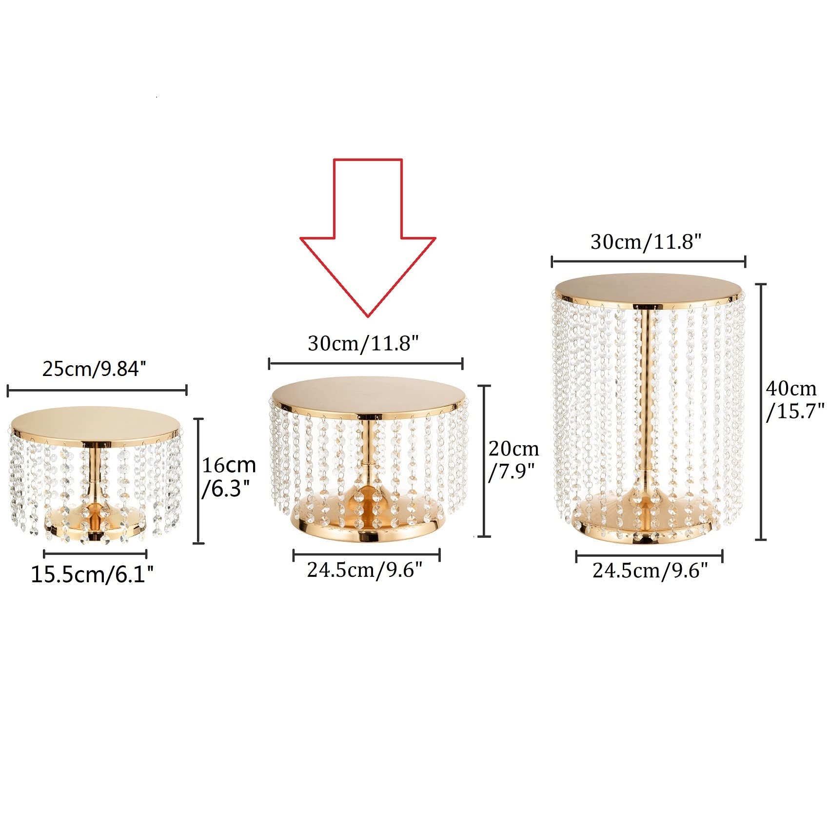 LoveCat 30,5 cm Durchmesser Kristallgold-Kuchenständer – 20,3 cm hoch, runder Dessert-Cupcake-Halter, Metall-Kuchenteller mit Kristallanhängern, eleganter Gebäckständer für Hochzeit, Geburtstag, Party