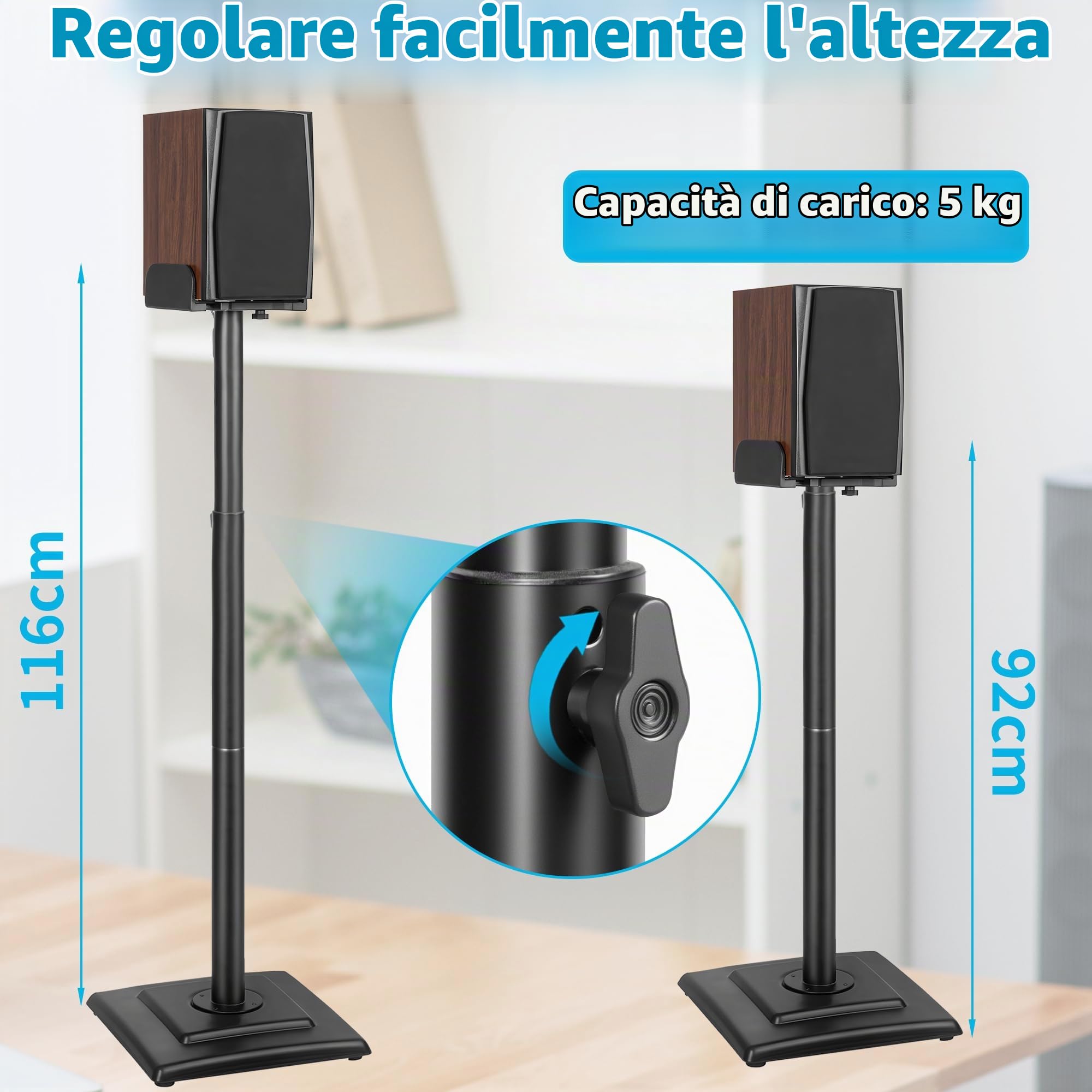 OUUTMEE Supporto per altoparlante regolabile in altezza, 1 paio di supporti da pavimento con ripiano regolabile per satelliti e altoparlanti da scaffale, per altoparlanti da scaffale fino a 5 kg con