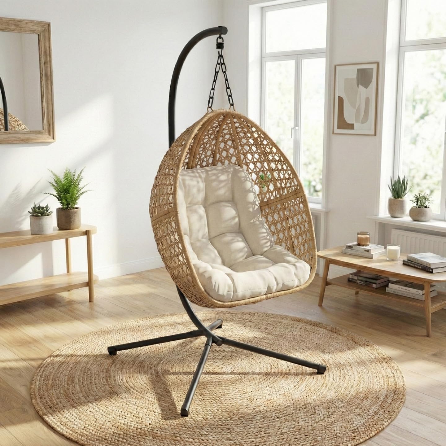 IDMarket - Fauteuil Lune Suspendu ajouré Effet rotin avec Coussin écru