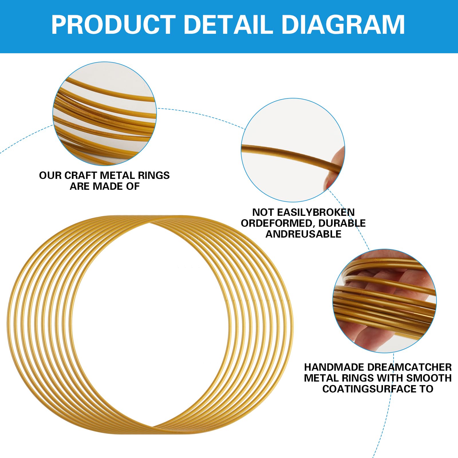 10 Anneaux Métalliques 20 Cm Pour Attrape-rêves – Doré – Avec 5 Supports En Bois – DIY, Décoration, Artisanat